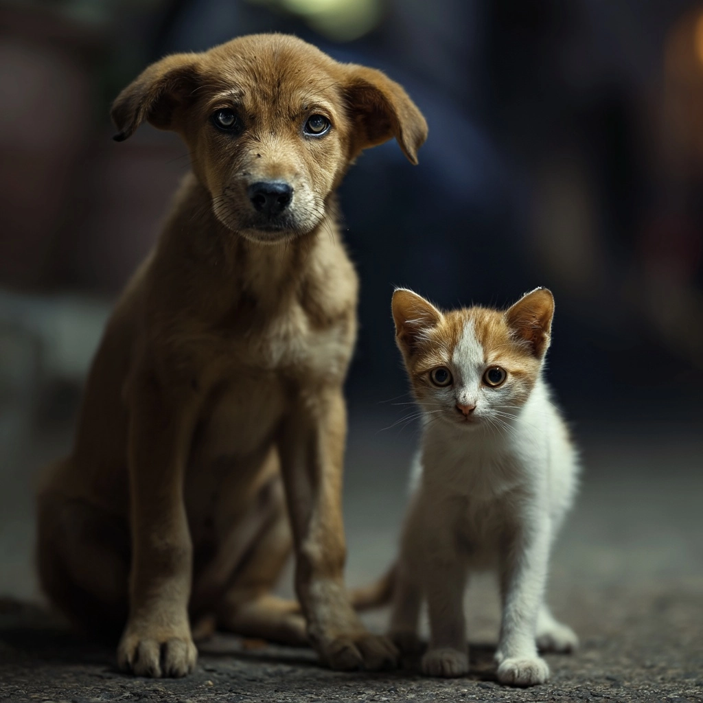 A dirty stray puppy and kitten pose together for the camera