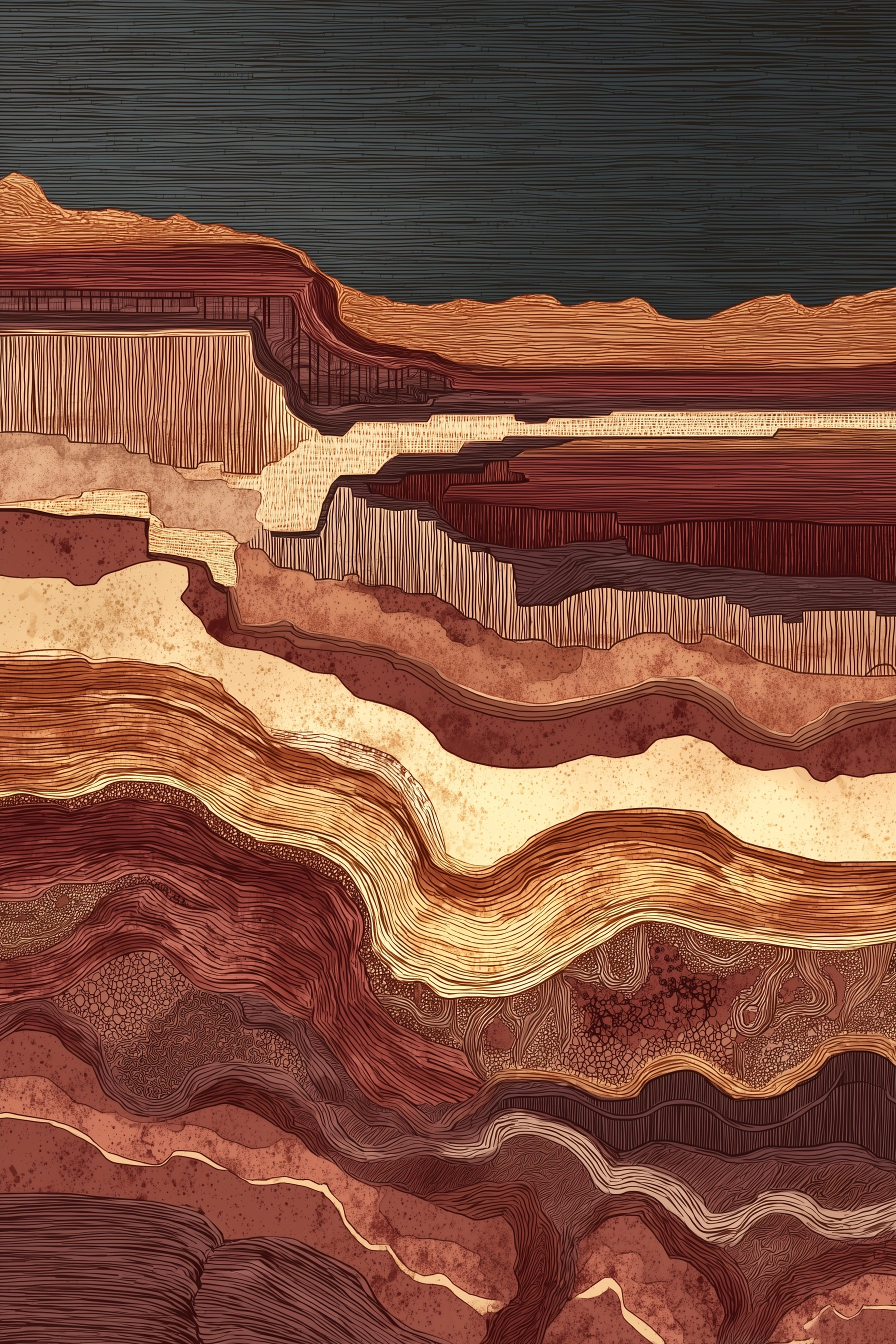 Cross-sectional view of the Earth's upper mantle, highlighting rocky strata and mineral veins