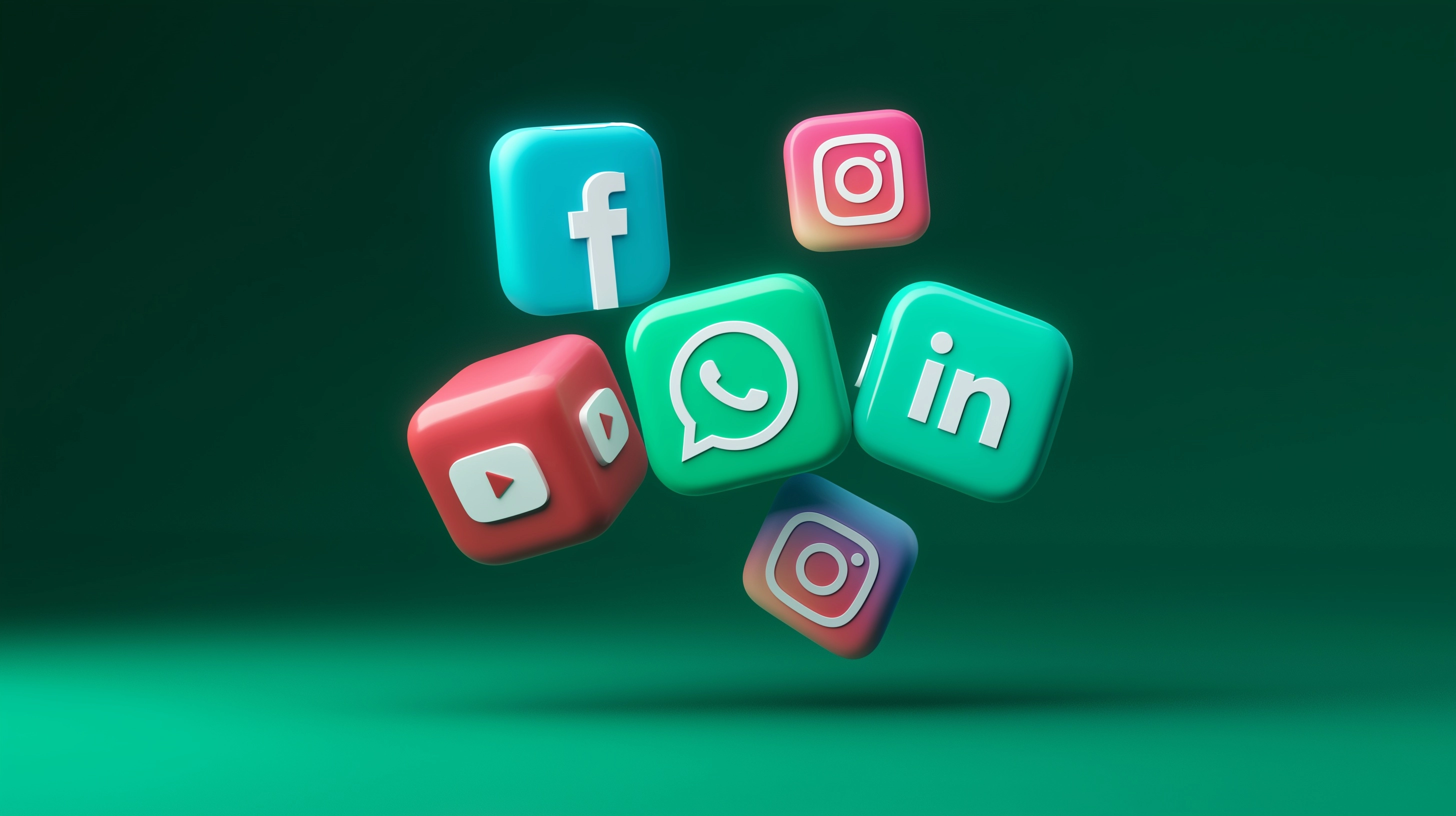 3D illustration of instagram, facebook, TikTok, Linkedin floating with space between the elements. T