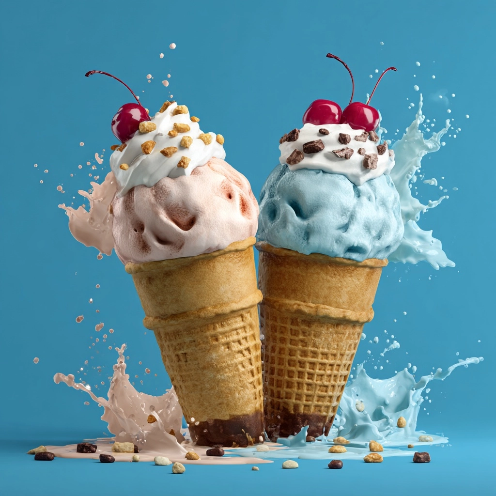 Ice cream cones and milkshakes with different flavors, all on a blue background, high detail