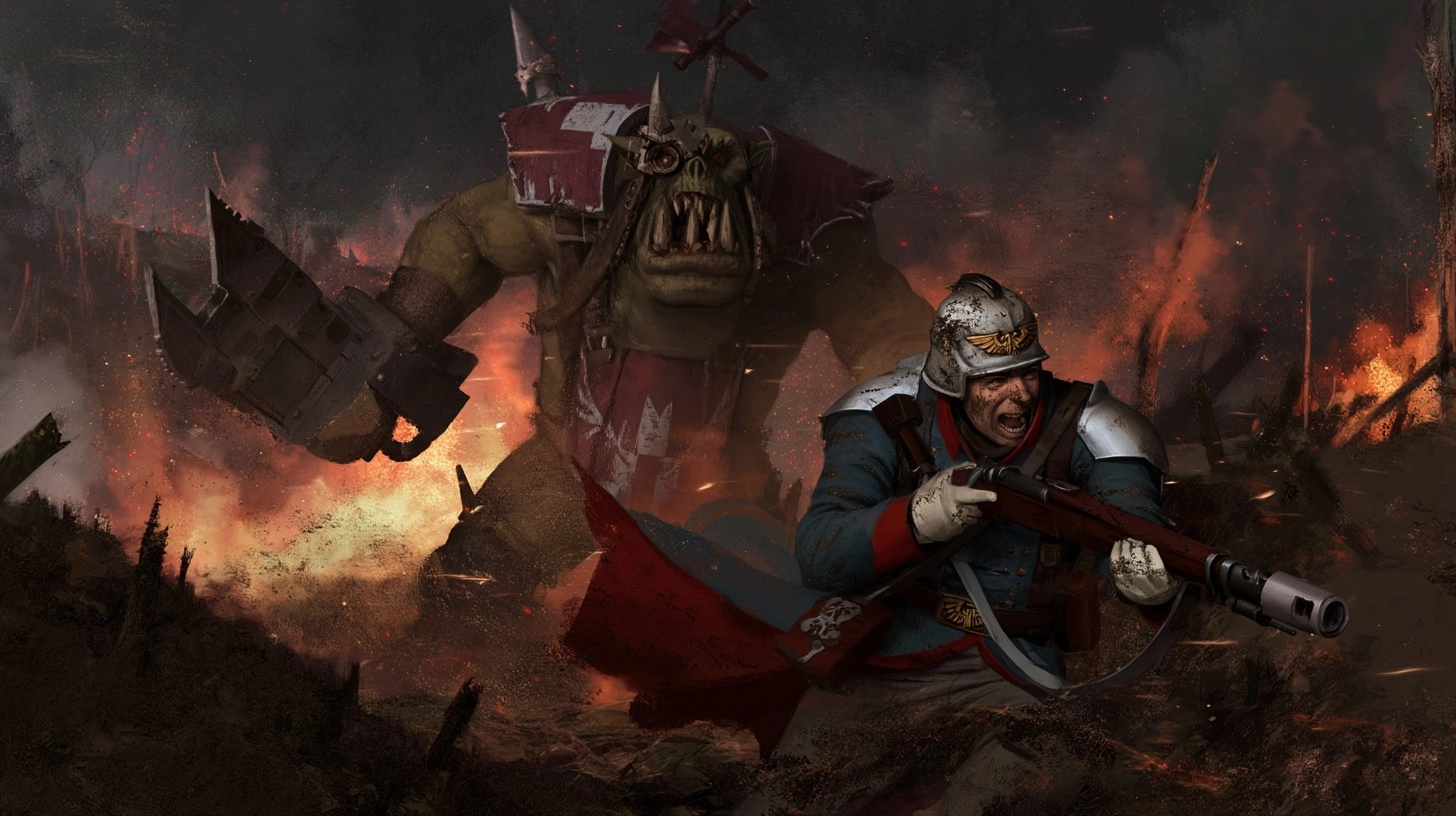 A heroic but ridiculous battlefield chase, a mud covered Vostroyan Imperial Guardsman pursuing an hu