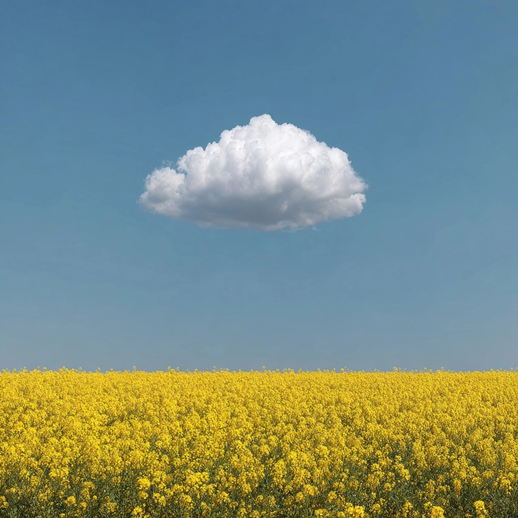 One cloud on a summers day over a field of flowers