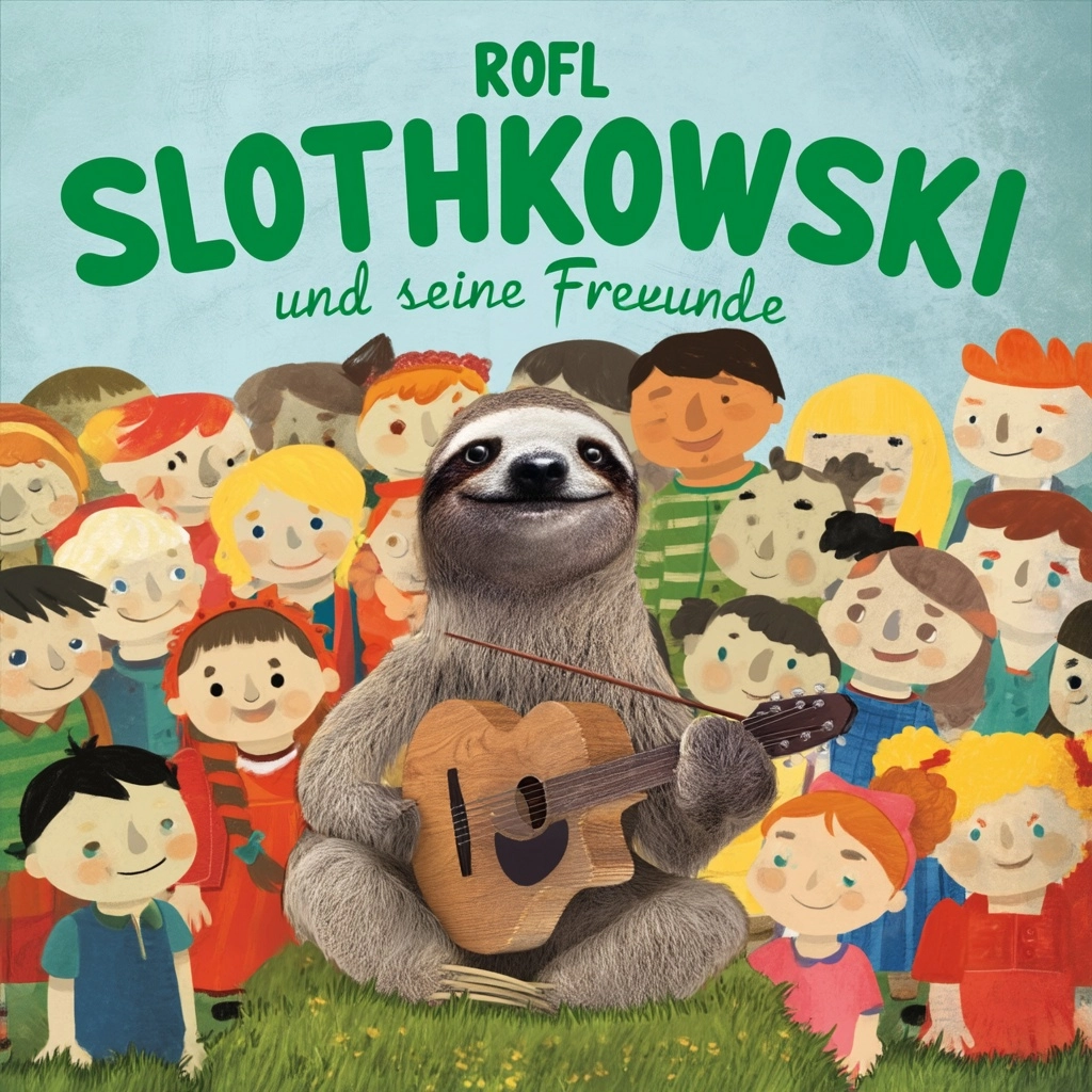 Cover for an children music album, called "Rofl Slothkowski und seine Freunde". In the middle sits a