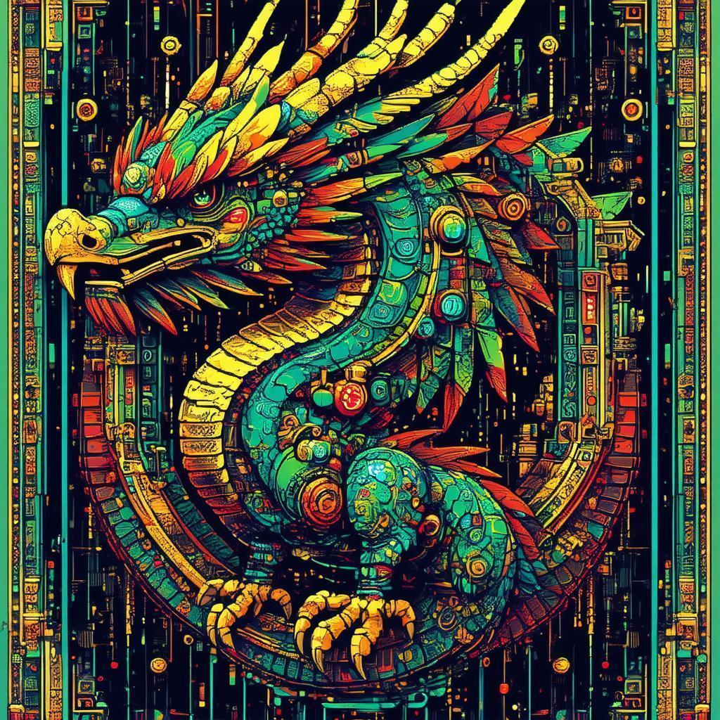 Steampunk Quetzalcoatl in Symmetrical Pixel Art