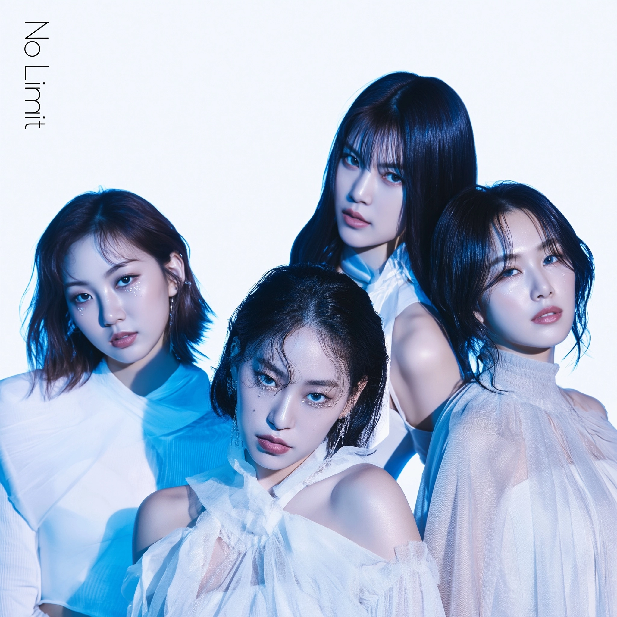 Album cover, 4 member girl group, minimal studio background, cold white and blue tones