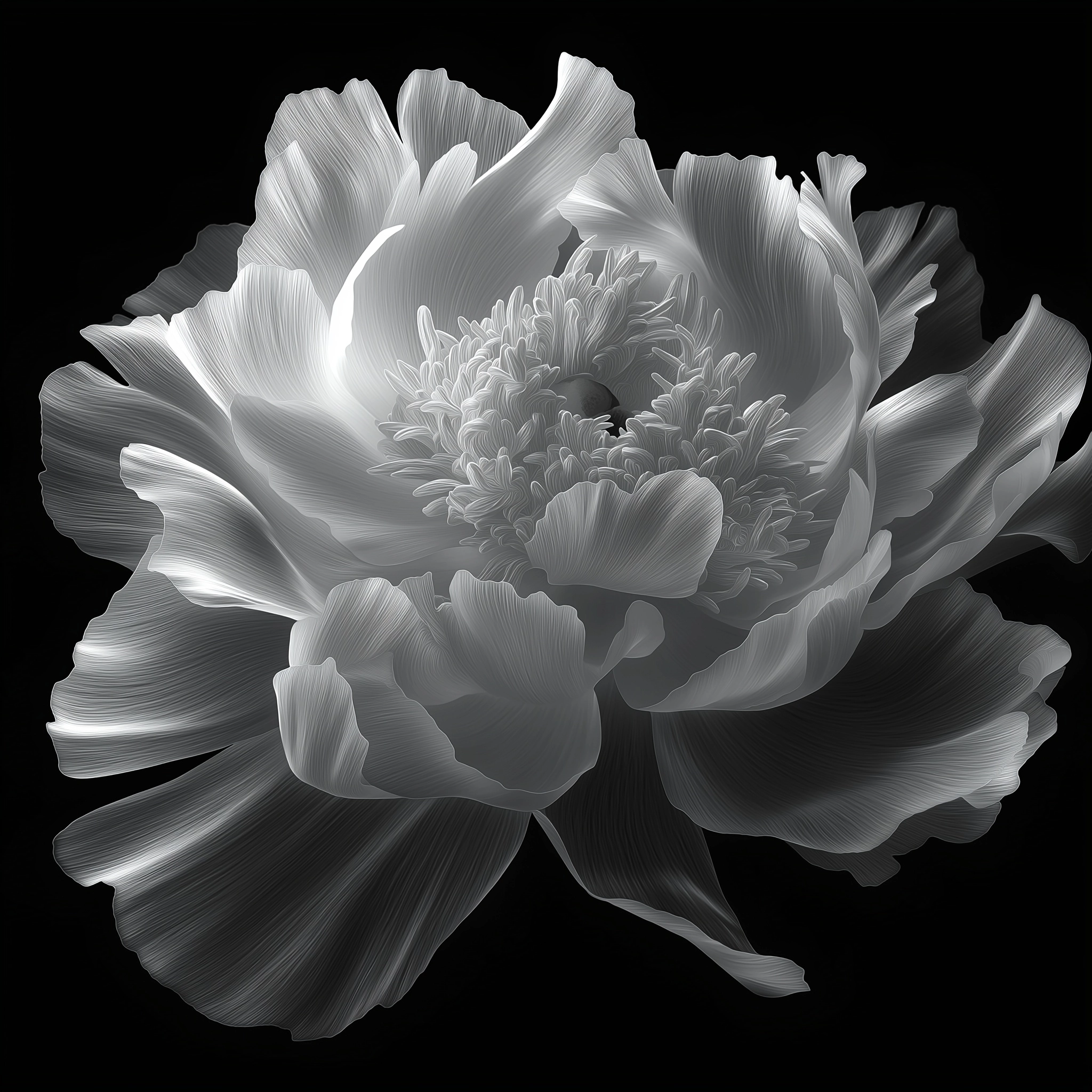 Realistic peony flower, flow like wind, black and gray, light coming from the front