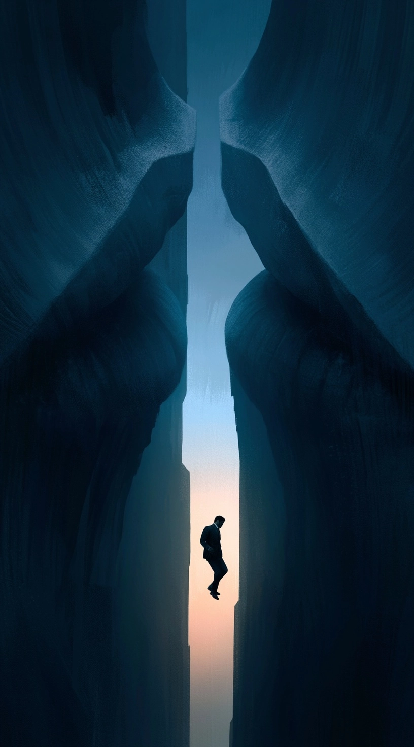 A surreal cinematic album cover of a dark-haired businessman in a suit falling into a massive canyon