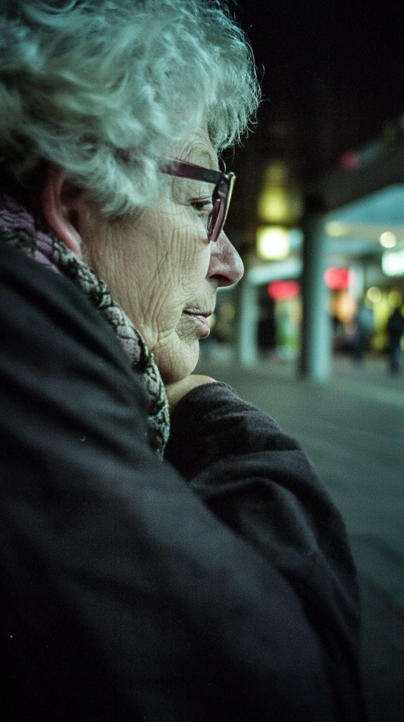 Dreadful slumber in the back of the nostalgia mind of a lonely 90 year old woman at a German bus sta