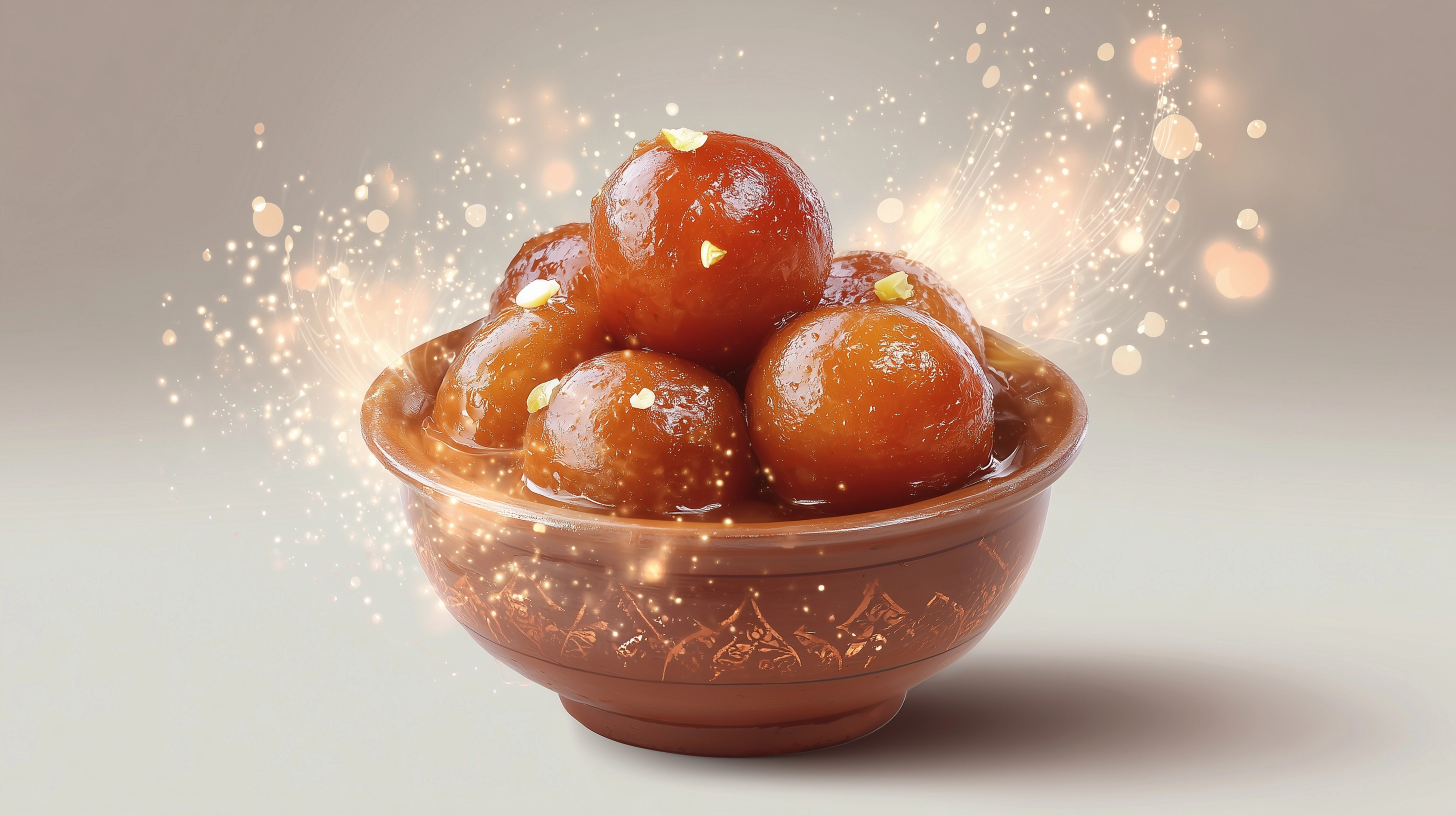 Gulab jamun bowl glowing aura isolated design on white background