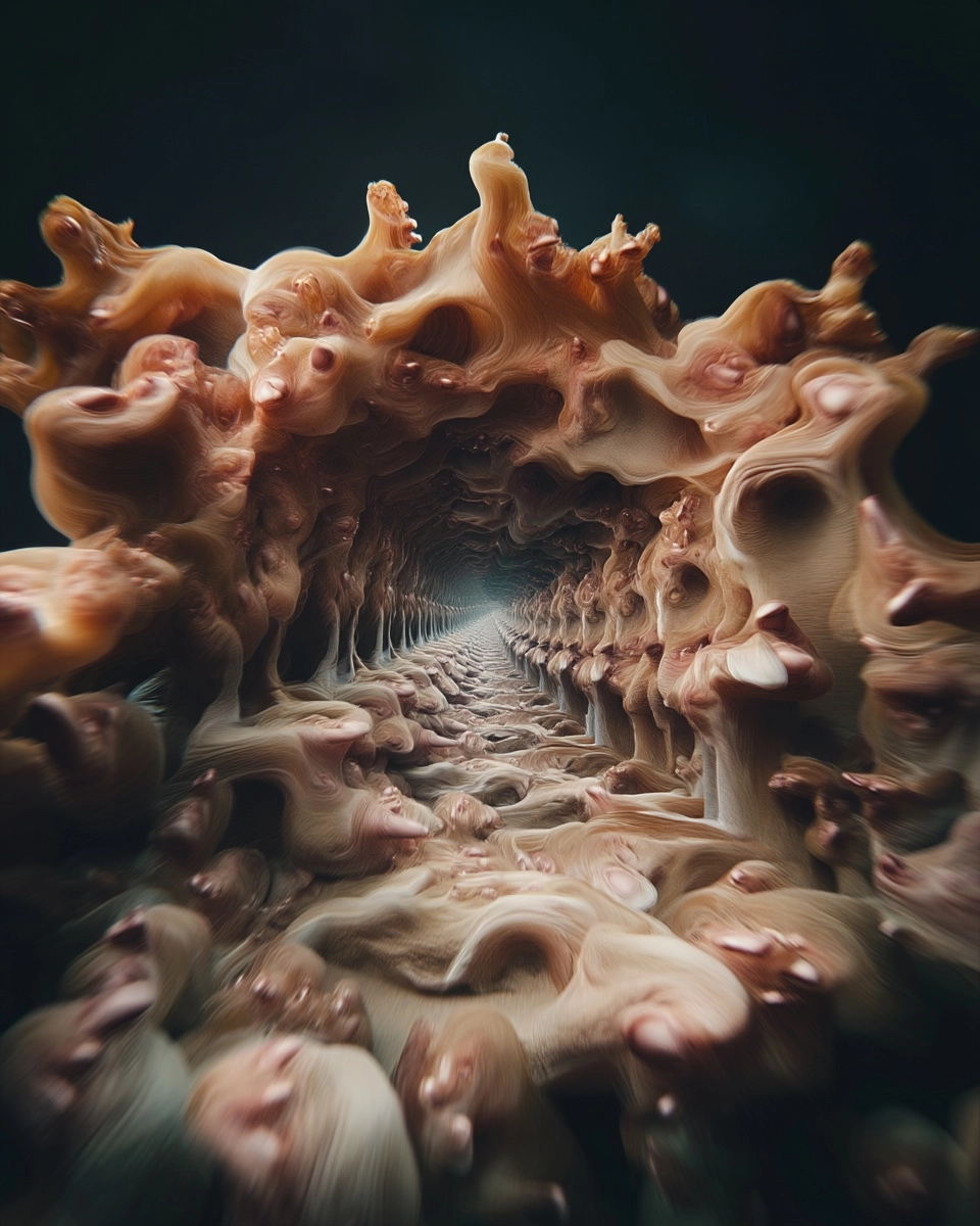 An unending hyper detailed surreal fractal structure made of morphing hands, endless recursion