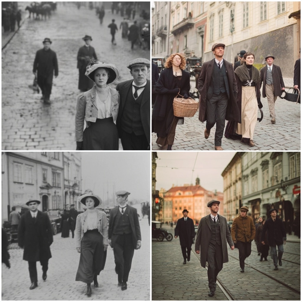 The characters move, the images grow and shrink, retro 1910 in Prague.