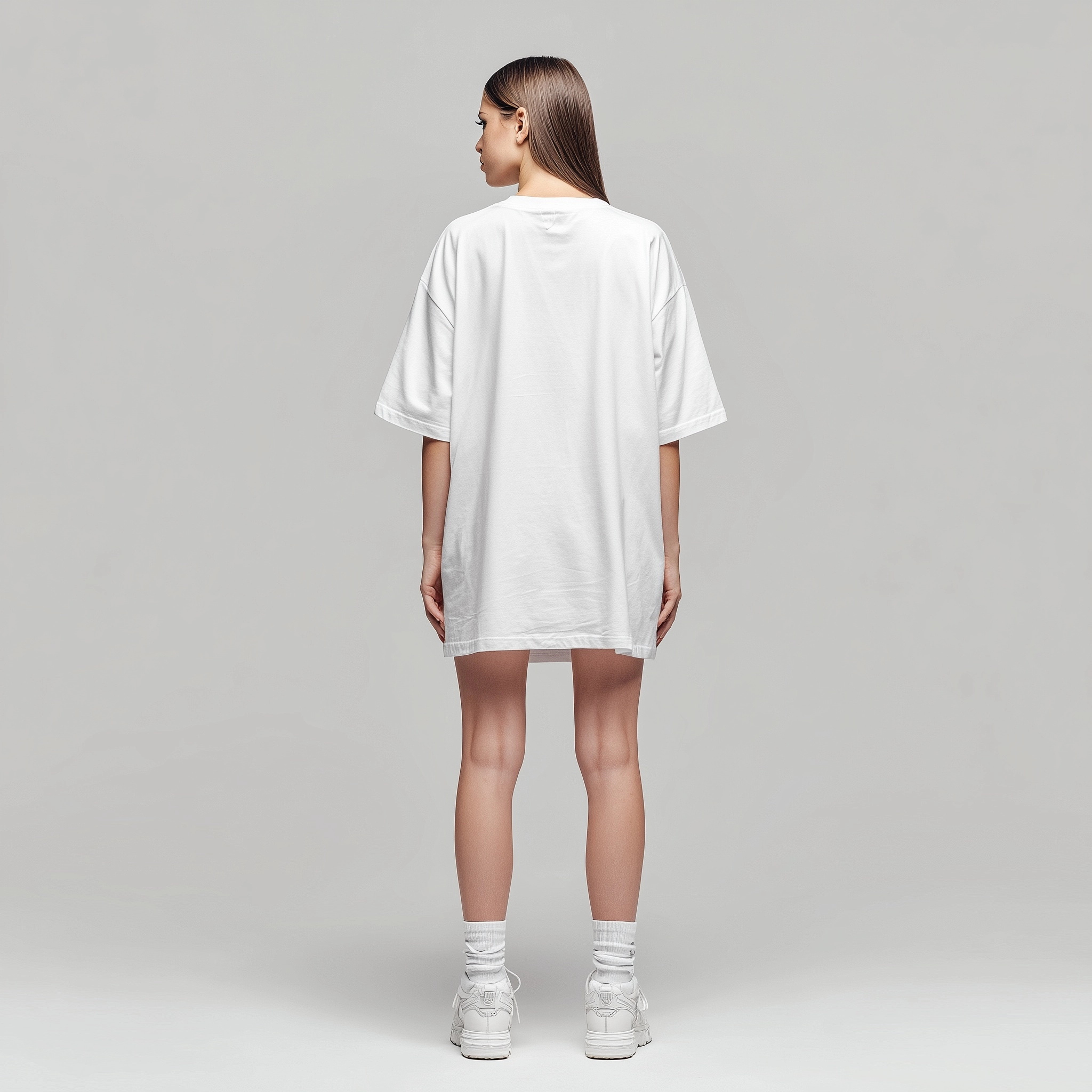 Female Model, White oversized T-Shirt, No Pants, White sneakers, straight full back view
