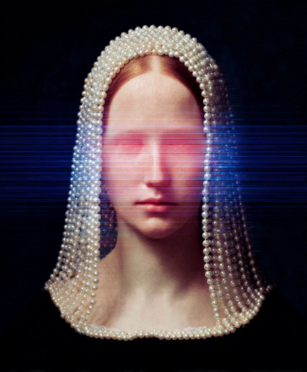 A photograph of a Victorian bride wearing an bridal veil embelished with pearls over her face. The v