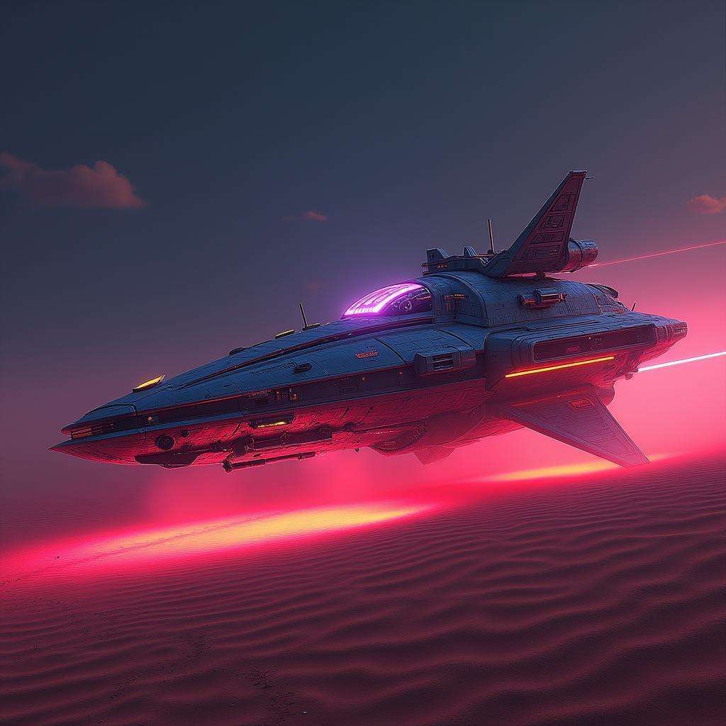 Neon Spaceship Resting in Cyberpunk Desert Sands