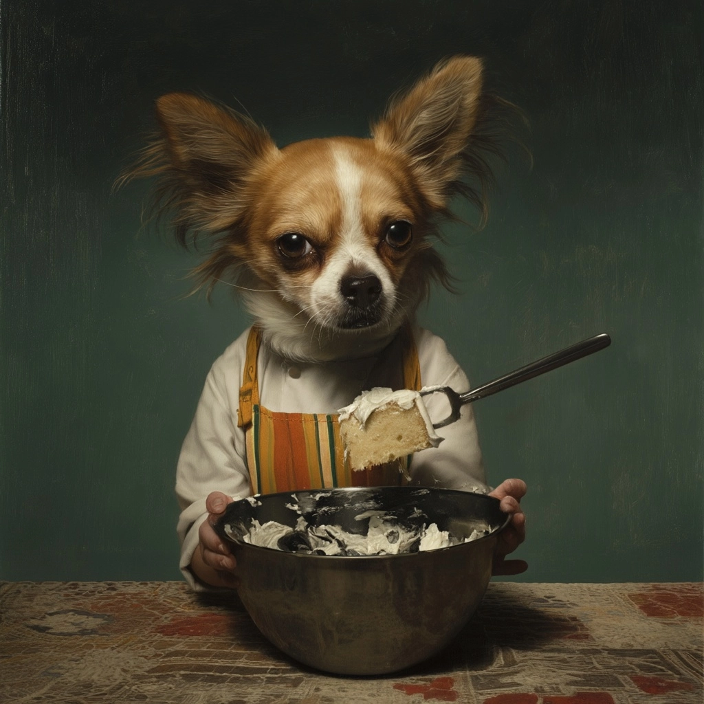 Chihuahua cocinando un pastel