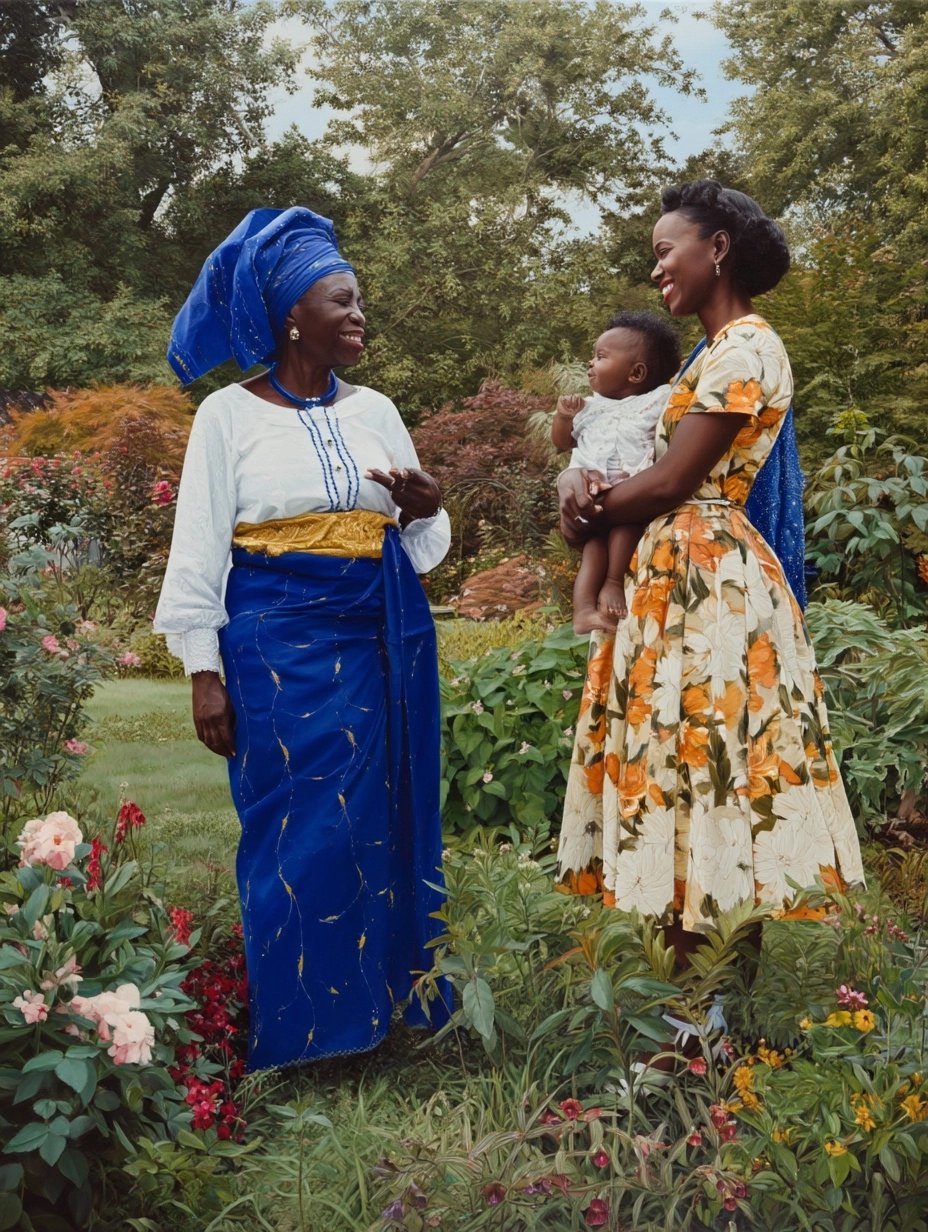 Nigerisn mother standing in a beautiful garden, wearing a deep blue wrapper with gold highlights aro