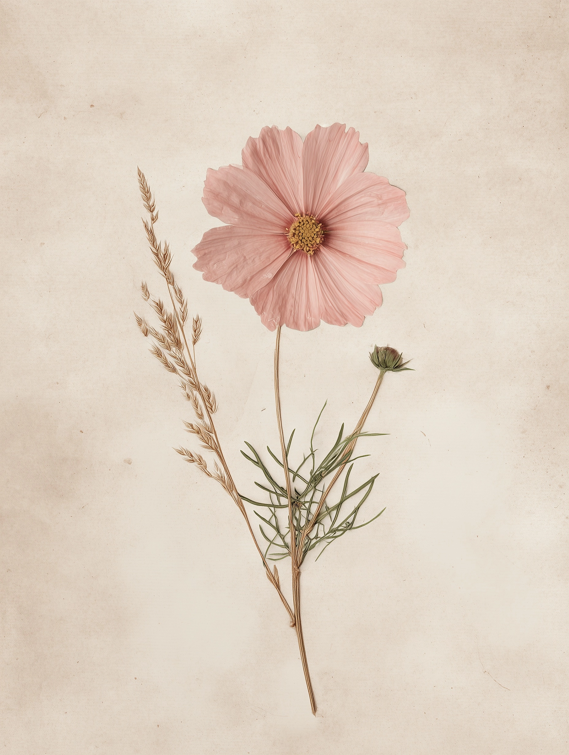 Minimalist delicate vintage botanical close up of a single blush pink cosmos pale peach bloom with a