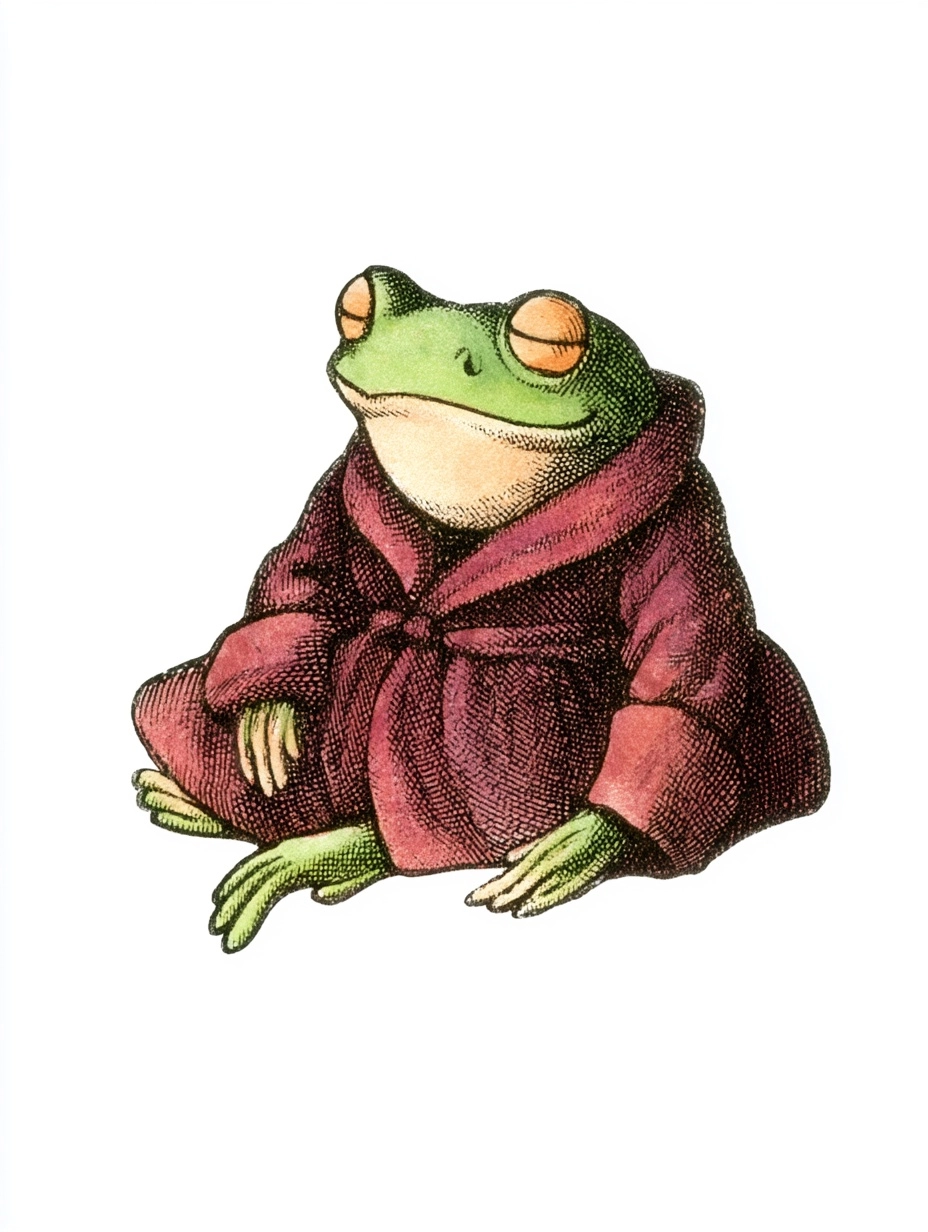 Anthropomorphic frog dressed as a Victorian gentleman, wearing a cozy robe in deep red tones