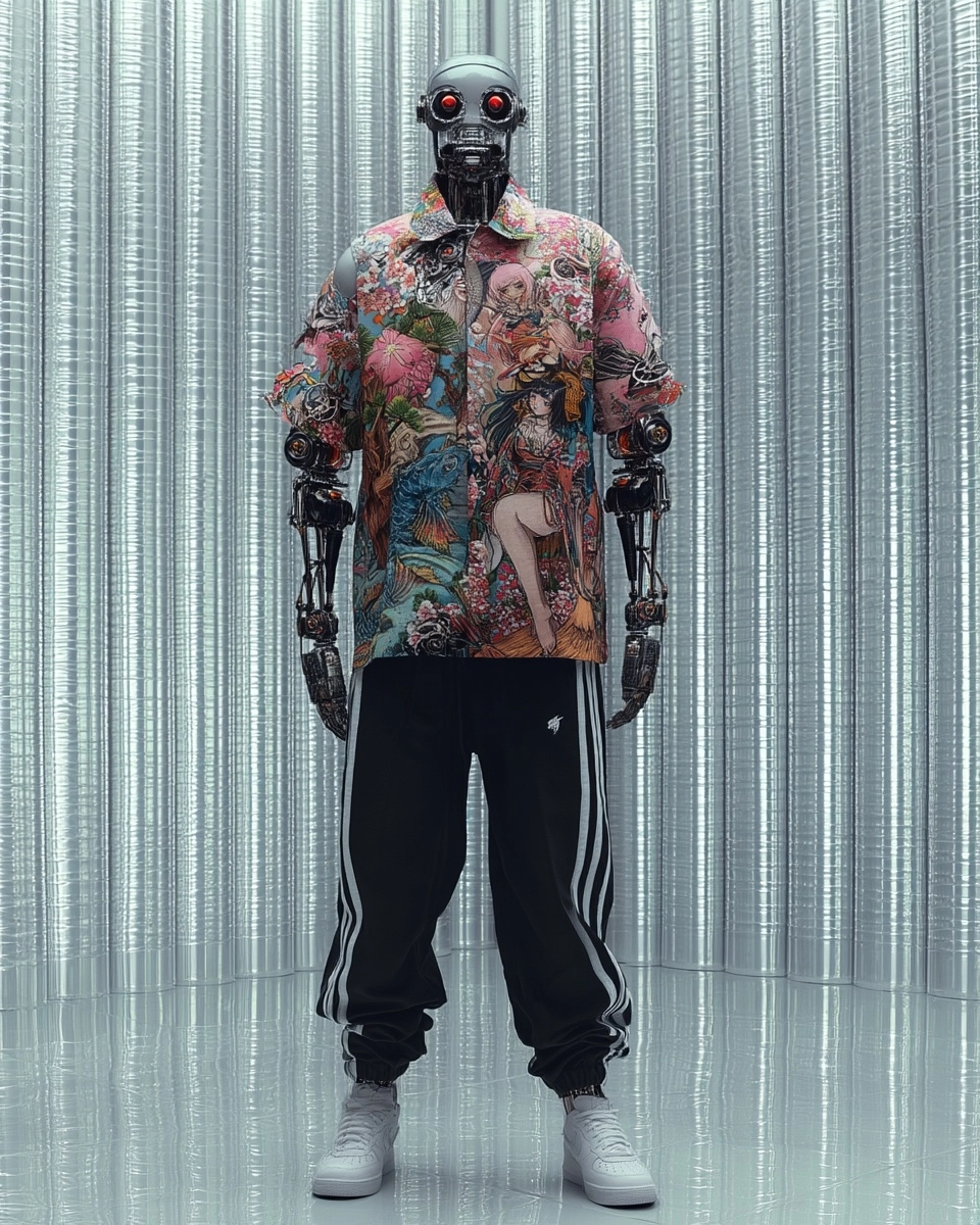 Mansueto x Stüssy robot fashion campaign ad, in the style of asymmetrical balance
