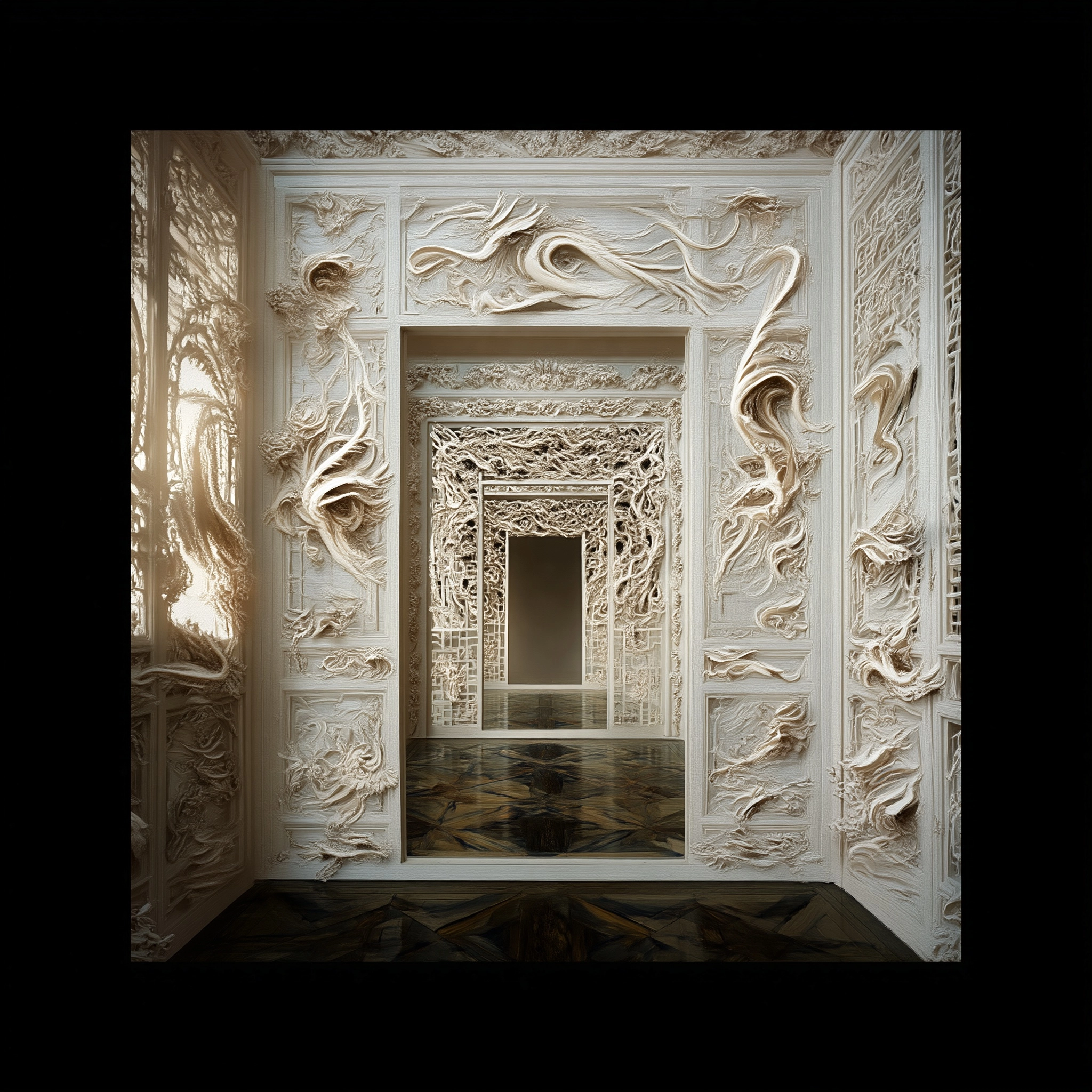 Impressionist painting of an Ornate Qing dynasty interior doorway in white, one point perspective