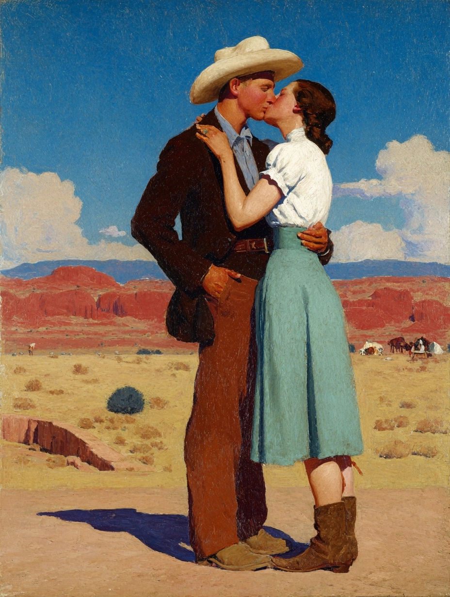 Cowboy kissing his fiancé by Maynard Dixon