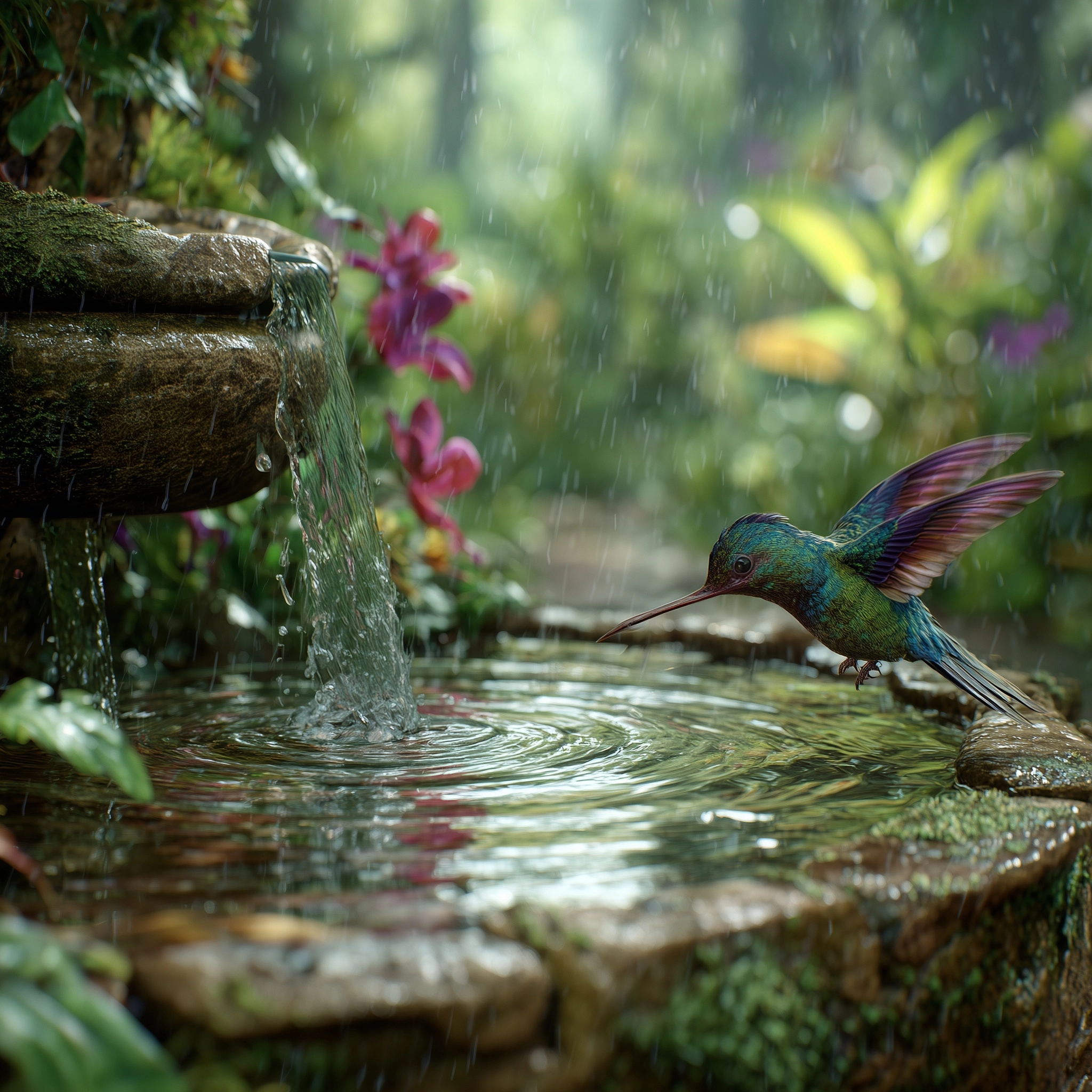Ultra realistic cinematic video. A colorful hummingbird drinks water from a small jungle spring. The