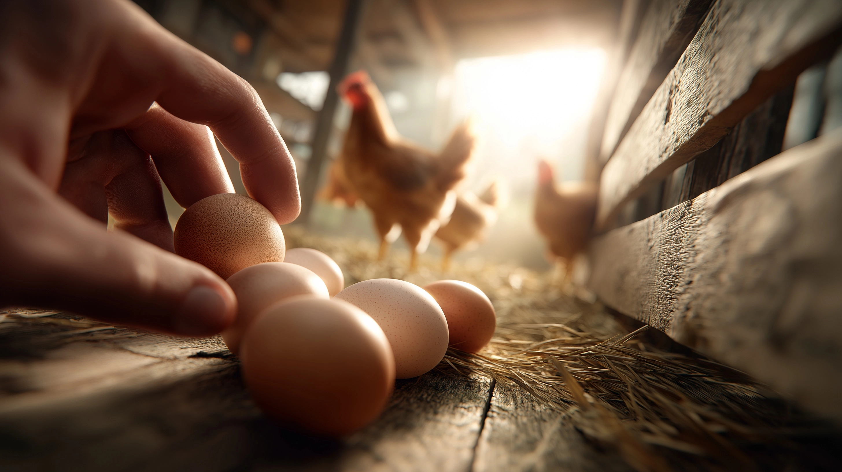 Ultra realistic luxury scene, Hand holding freshly laid chicken eggs in foreground
