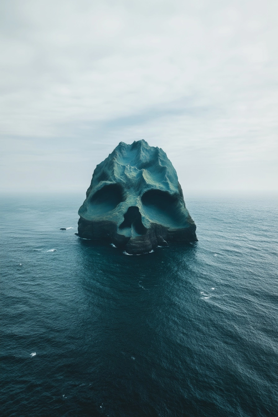 Photo, drone shot over ocean, a vast island is thrusting up out the sea