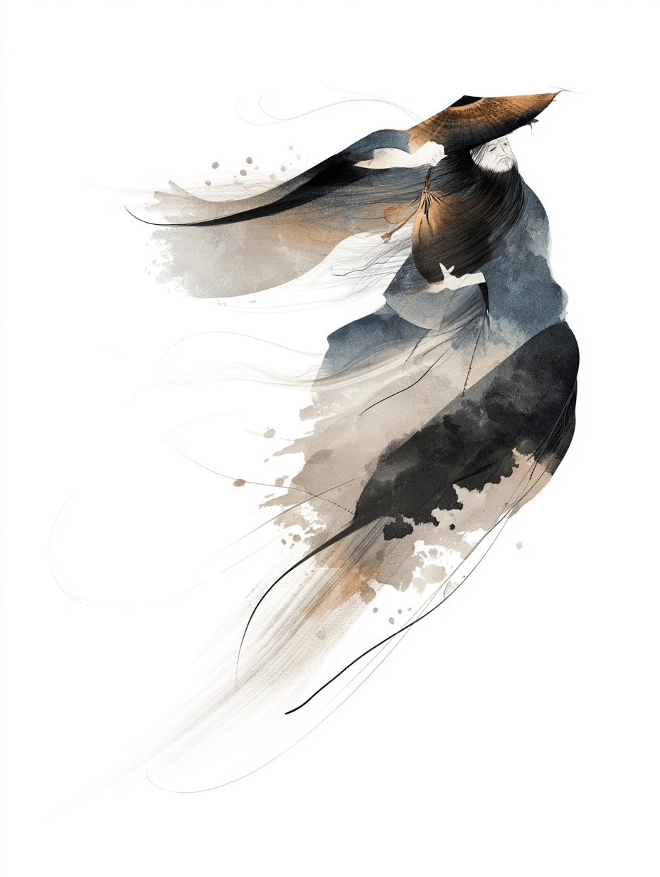 Tattoo, realistic, abstract, fujin wind god with bag of winds, sumi-e style