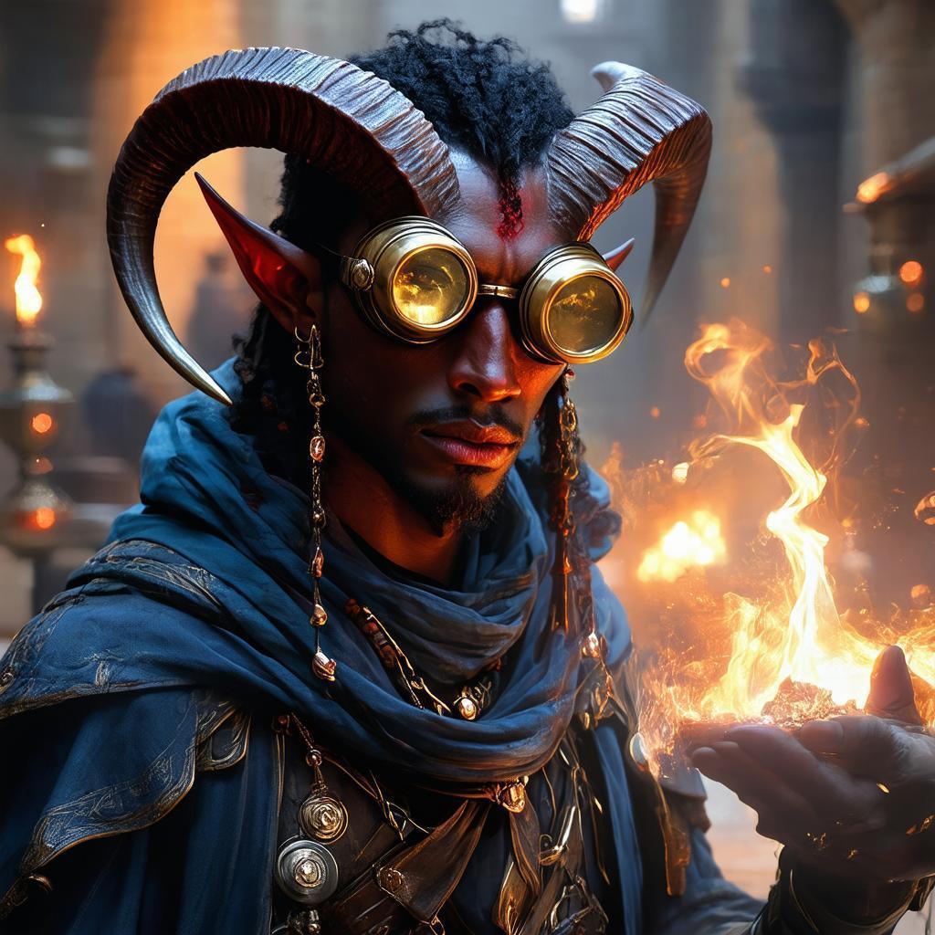 Red Skinned Tiefling Alchemist With Golden Goggles
