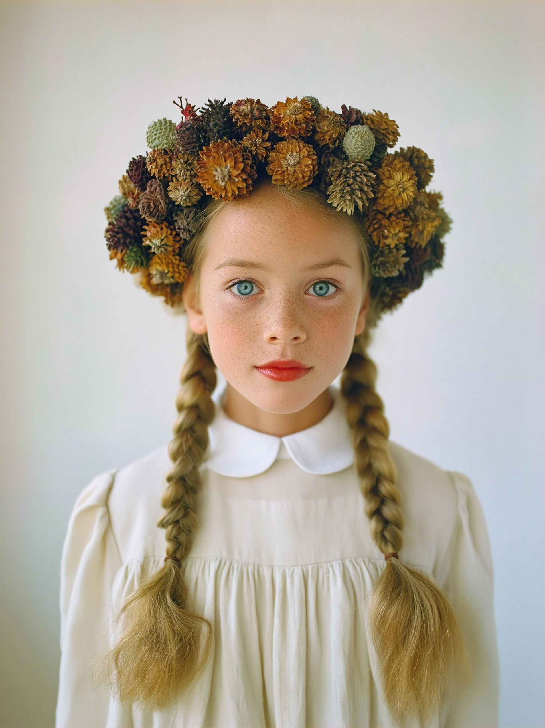 Hel kropp, wide angle, Fine art porträtt på en flicka 10 år med fräknar och två tjocka långa flätor