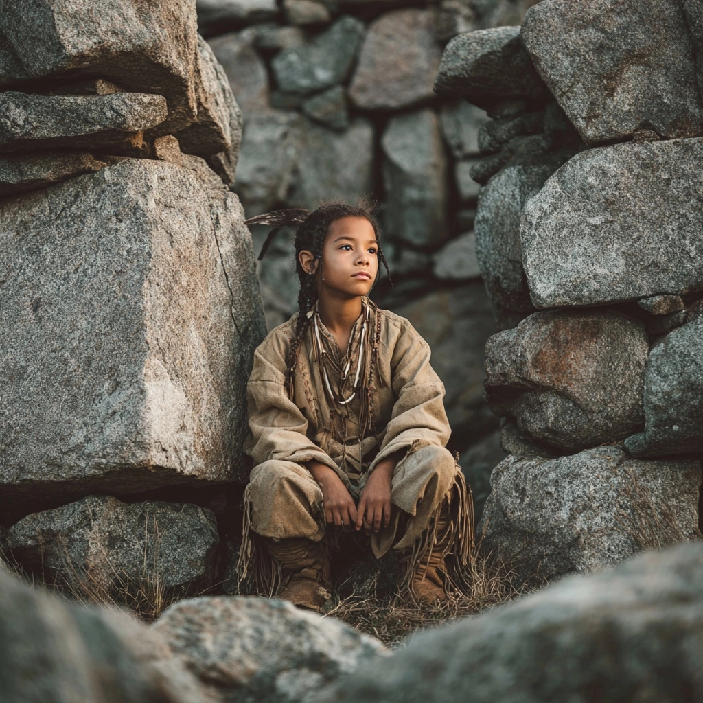 A young Native American boy sat amongst large old stones