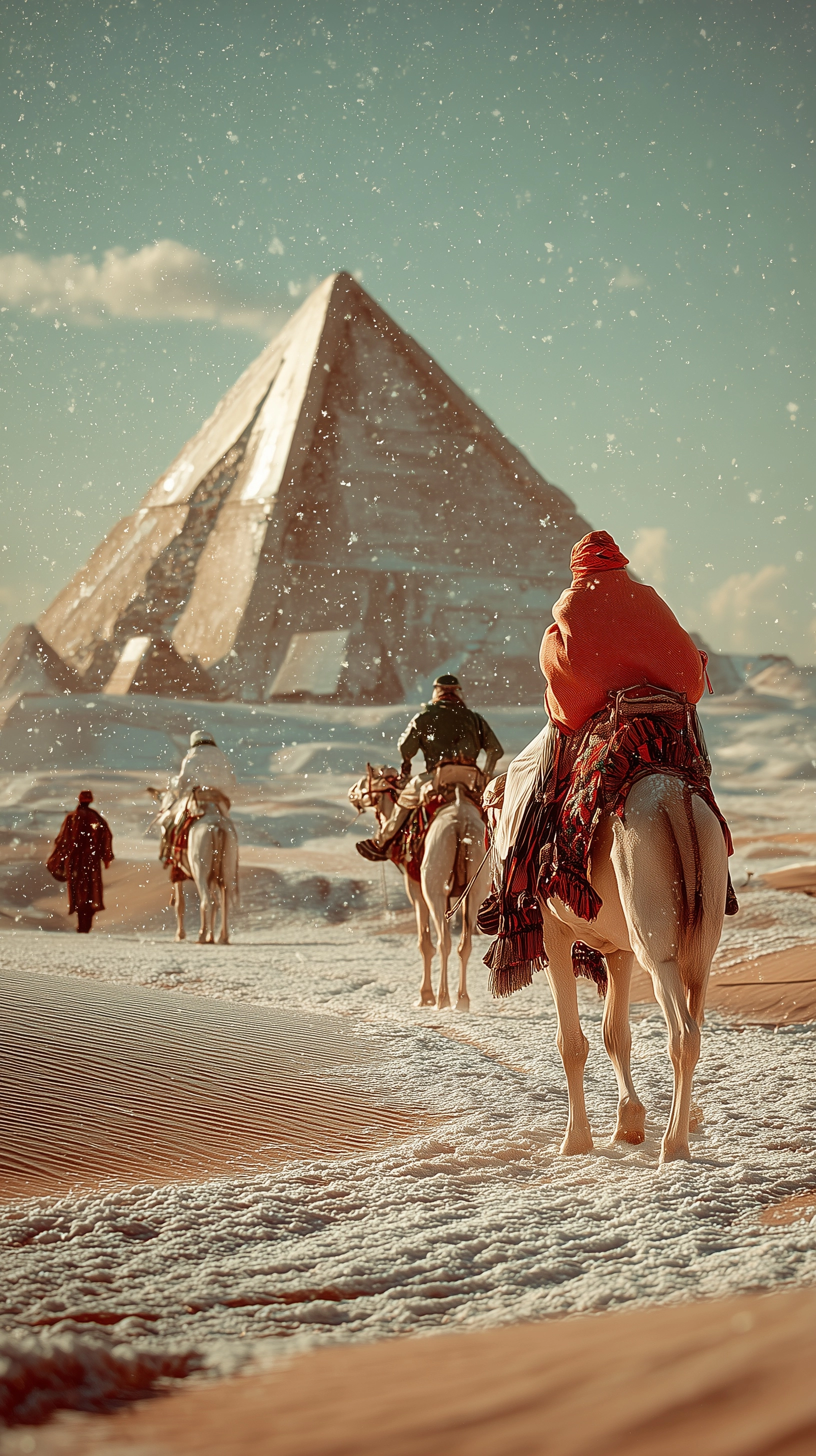 : a snow falling down on desert and Egyptian pyramides, there is sand and snow on the ground