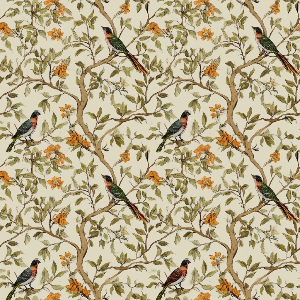 Seamless repeating pattern of exotic birds perched on elegant branches with leaves and tropical flow