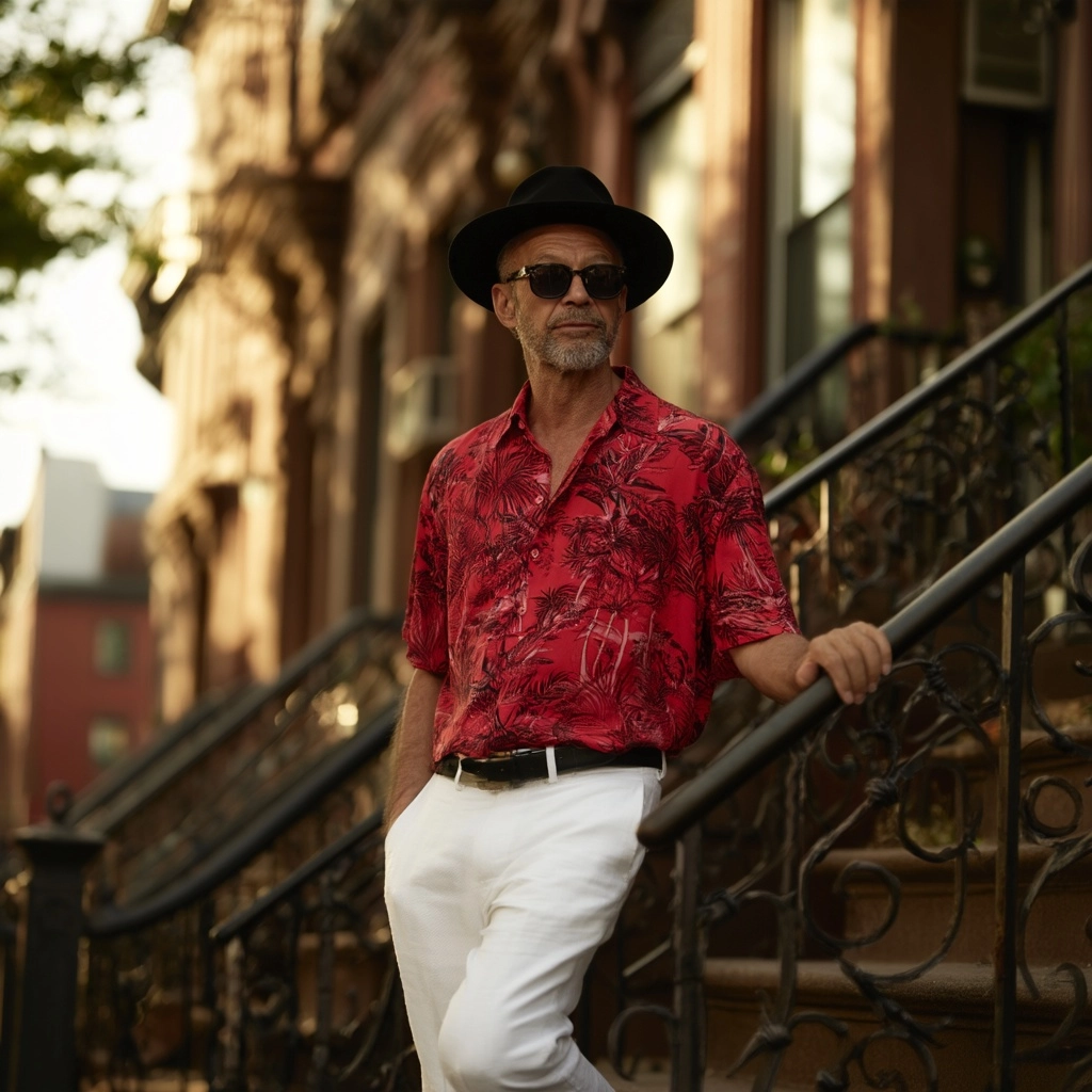 Older stylish male singer in New York, standing on a classic Brooklyn brownstone stoop, black hat