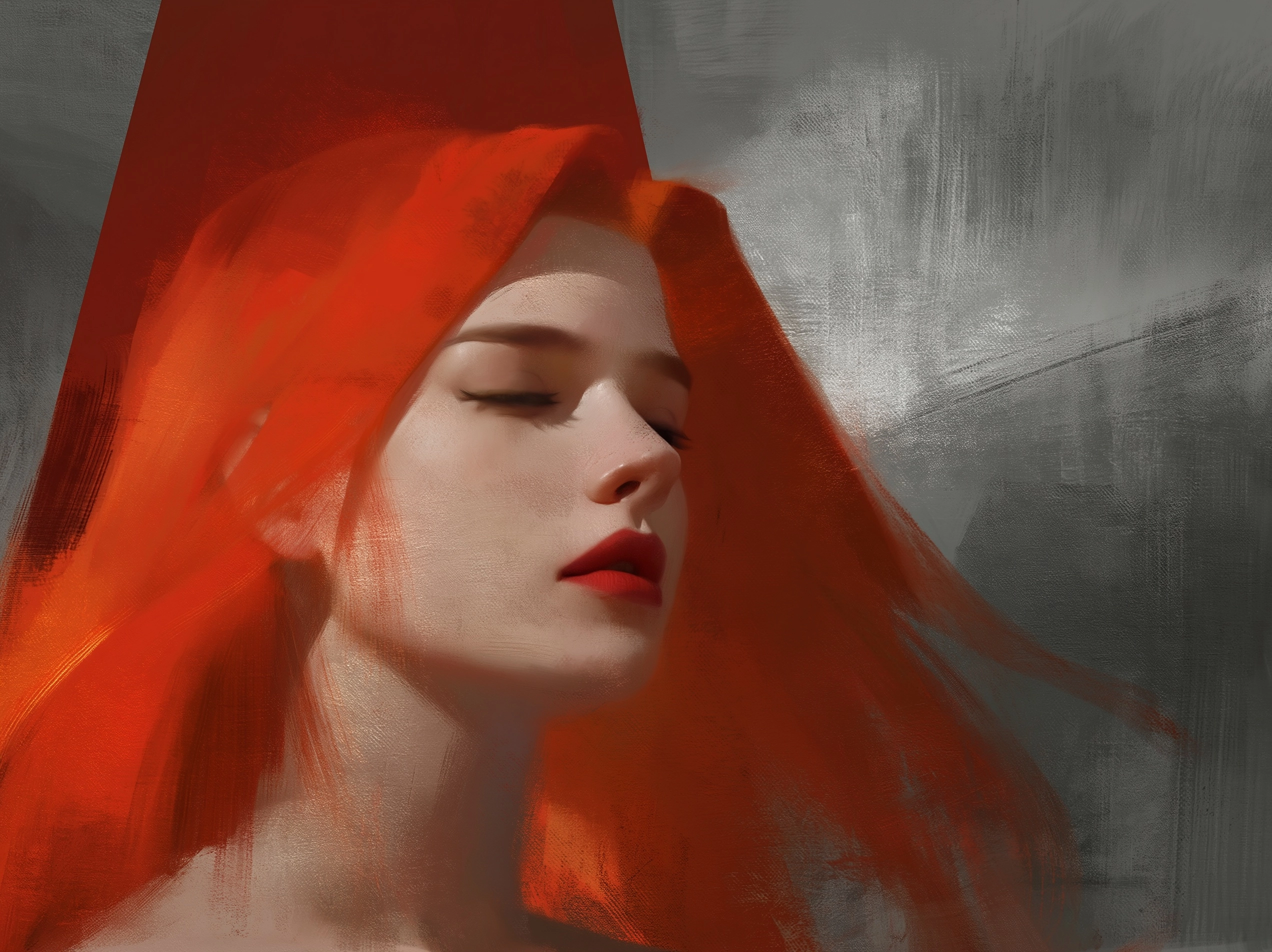 Dota Baice + close-up + facial shot + profile angle + sad expression + cast eyes, trembling red lip