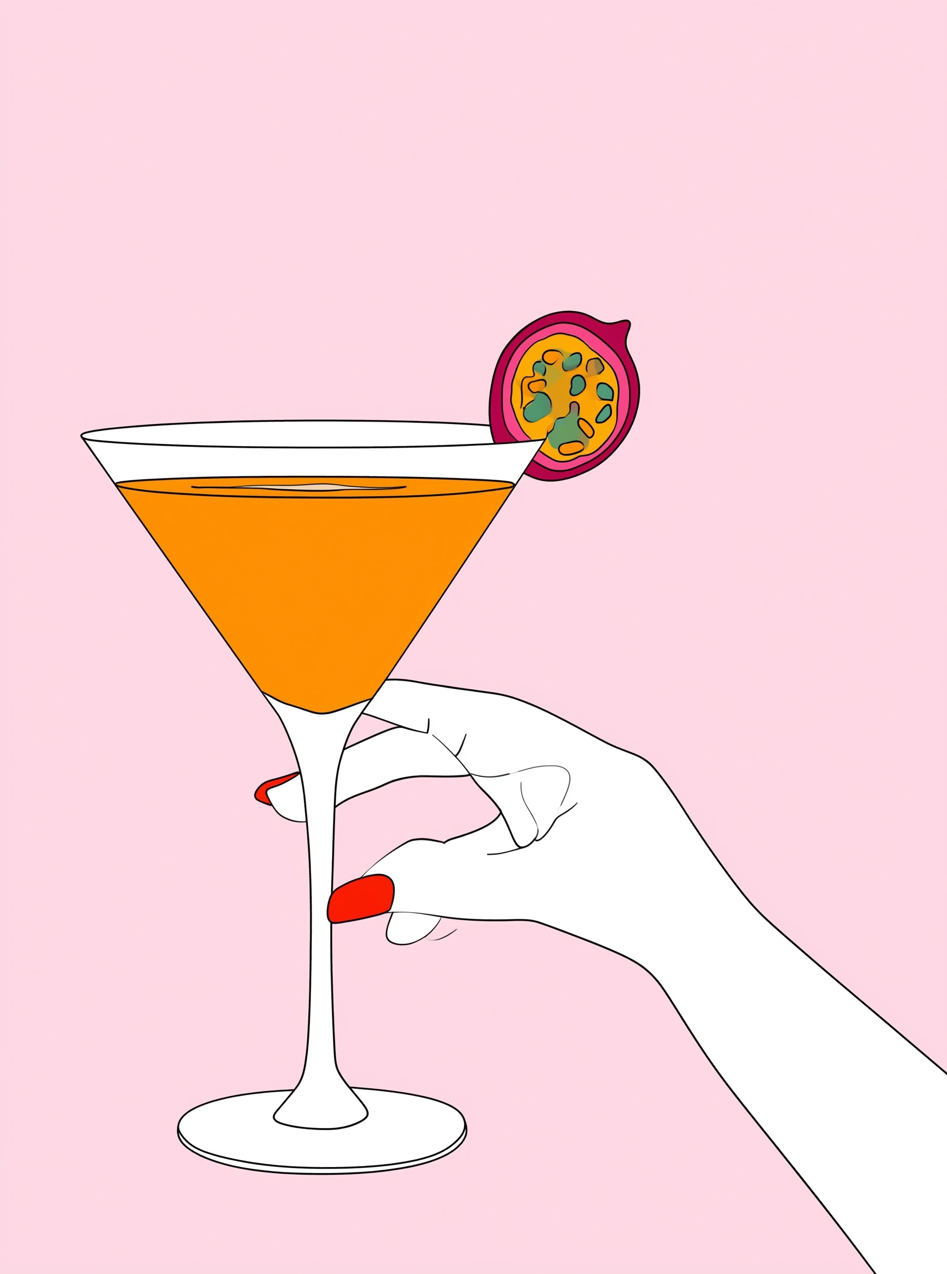 Whimsical food illustration of a white woman's hand with red nails