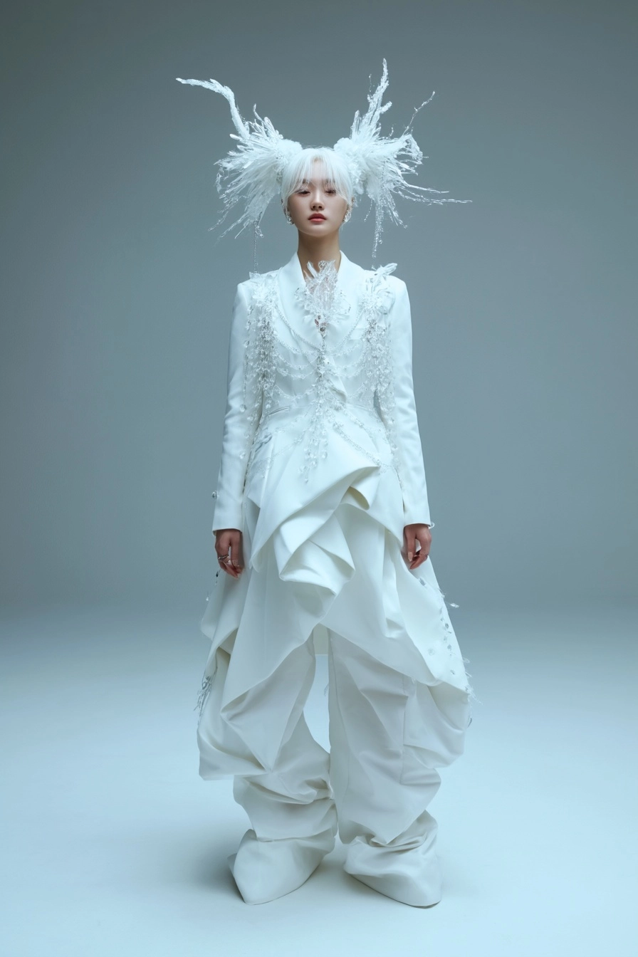 20-year-old Korean female ex-idol oracle, full body, facing front, pure white hair