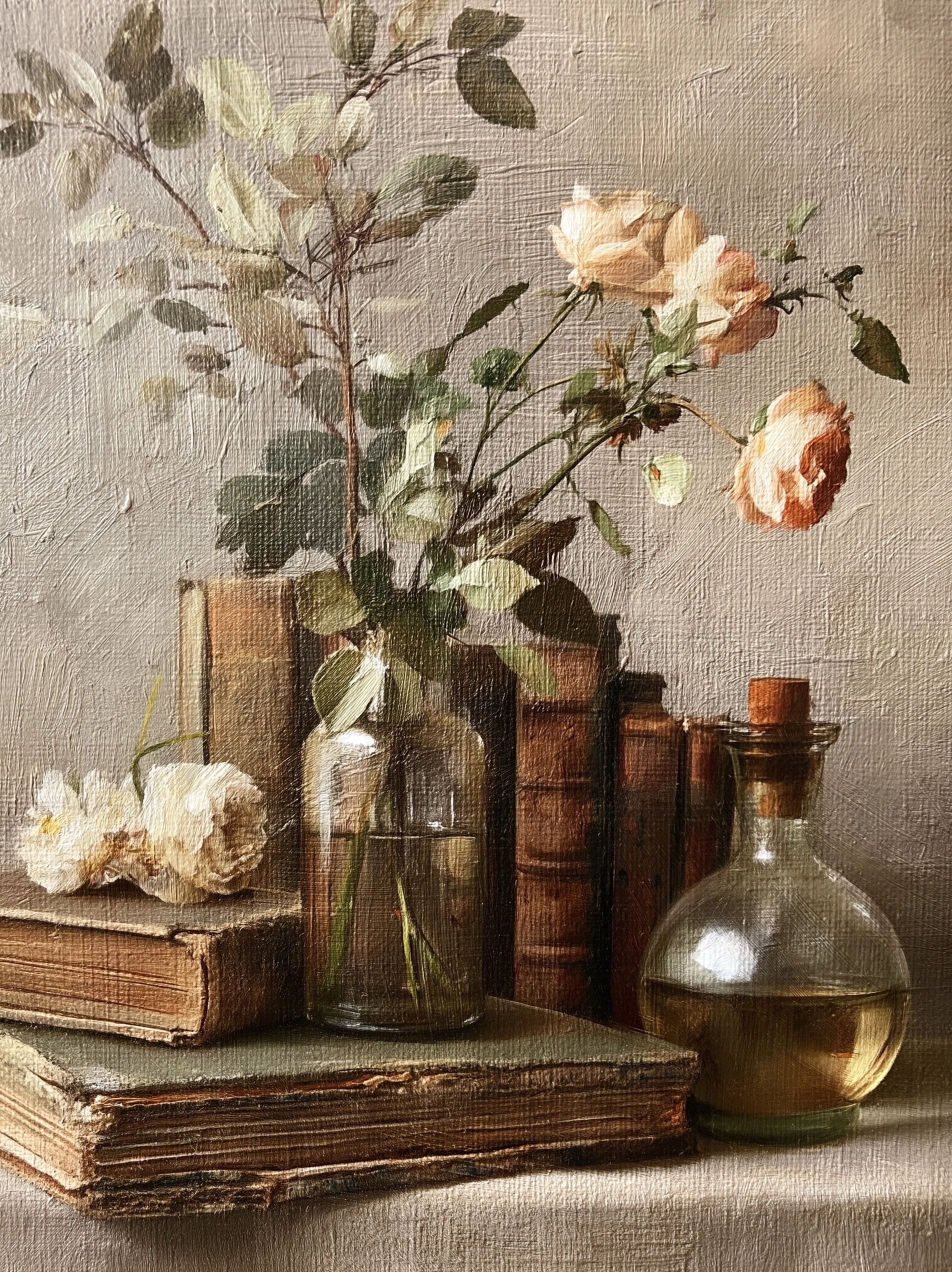 Vintage oil painting of old books, botanicals, roses, and a glass bottle on a table