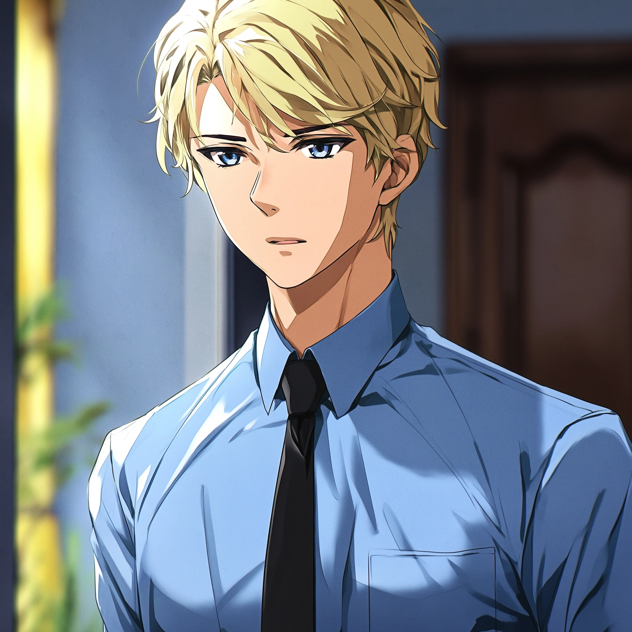 4k, anime, male, blonde haired security guard, 1989, twink, light blue dress shirt, black tie