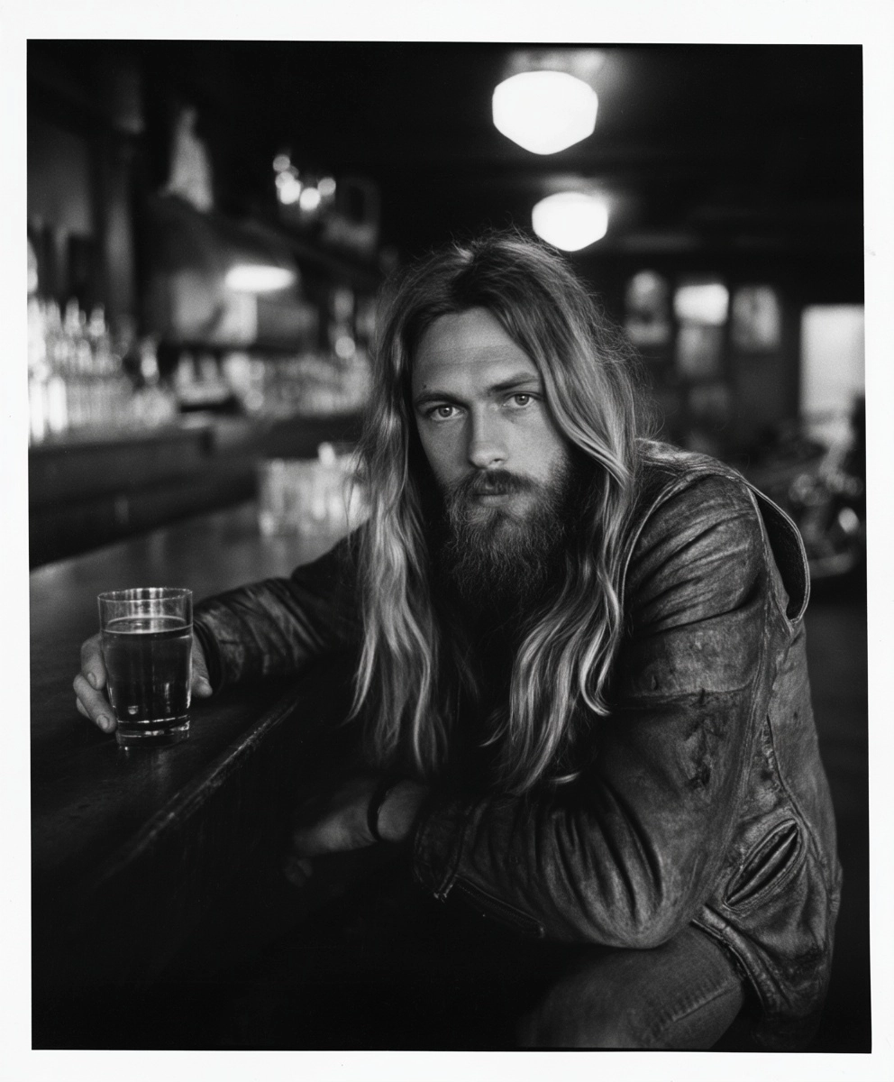California, 1965, a hairy hells angel, straggly beard