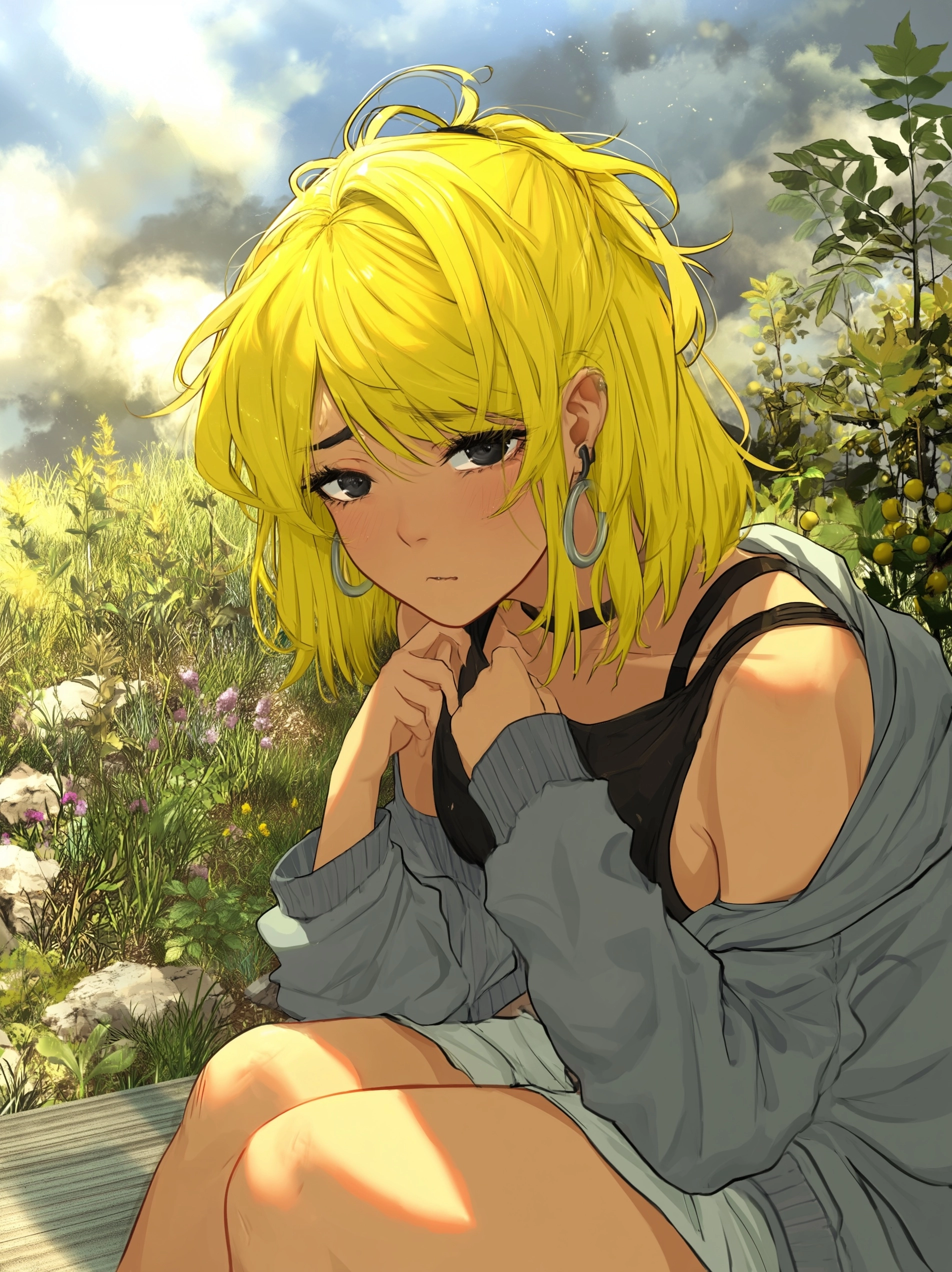Anime girl with messy yellow hair, tired black eyes, beauty mary, lower eyelashes