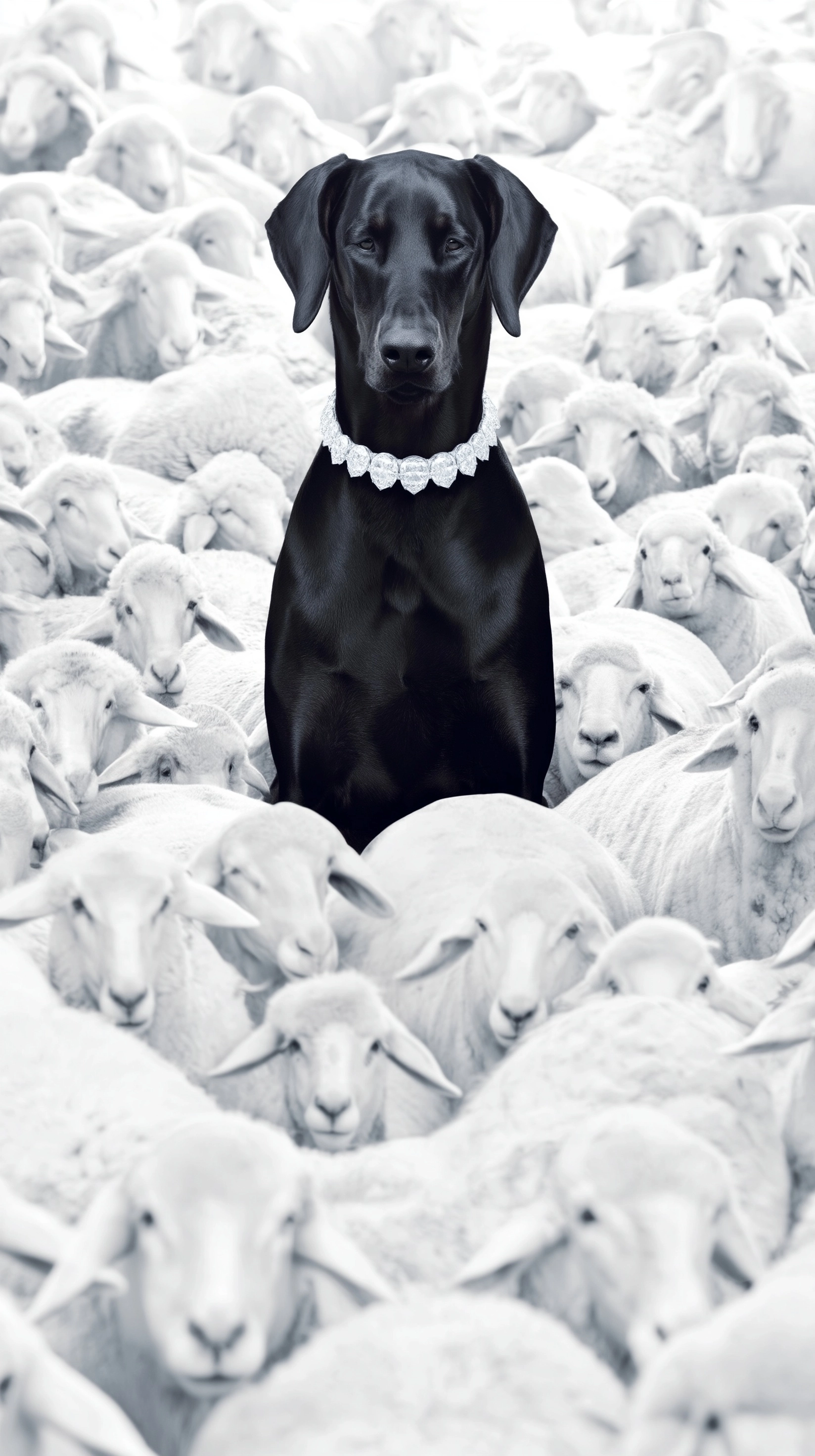 Doberman in Diamonds Surrounded by White Sheep