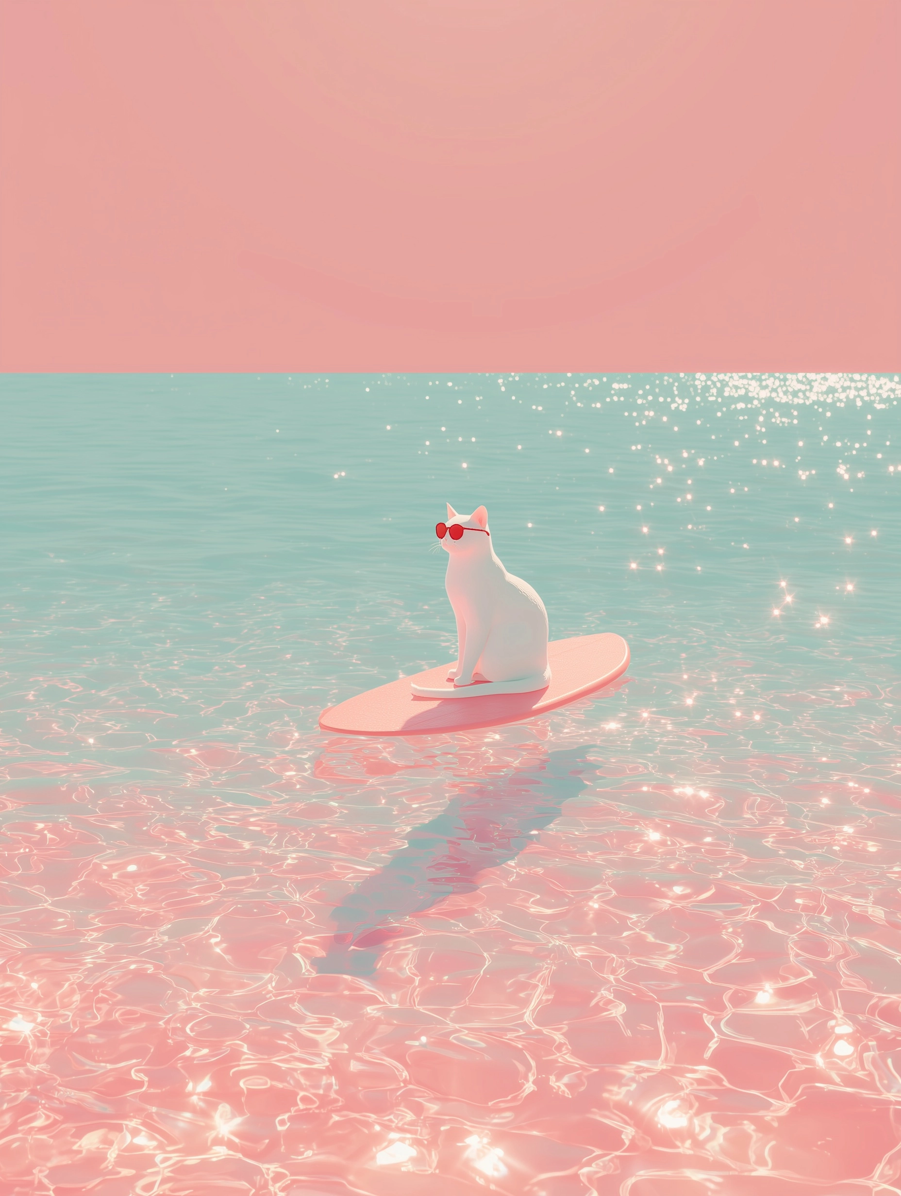 Cat on surfboard, turqoise water, sunglasses, Minimalist, flat design, vector art, 2D cartoon