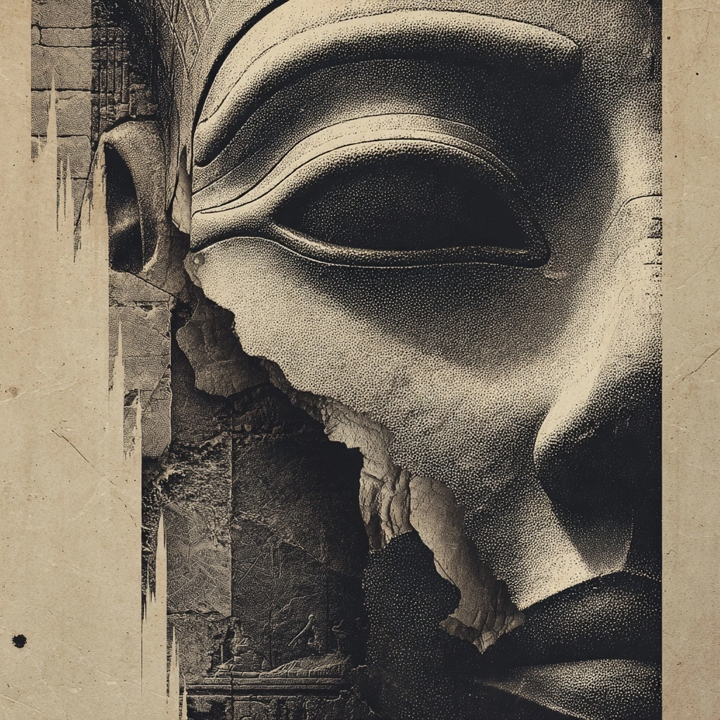 Poster design, high contrast, textured overlay, grain texture, halftone effect about egypt