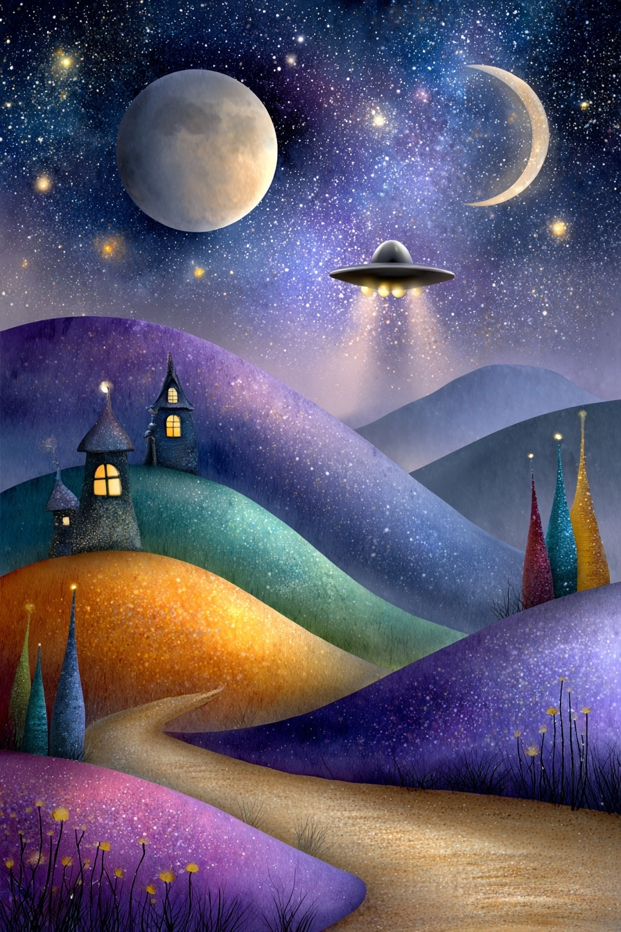 Surreal abracadabra, galaxy, saturn planet surface, dark indigo night