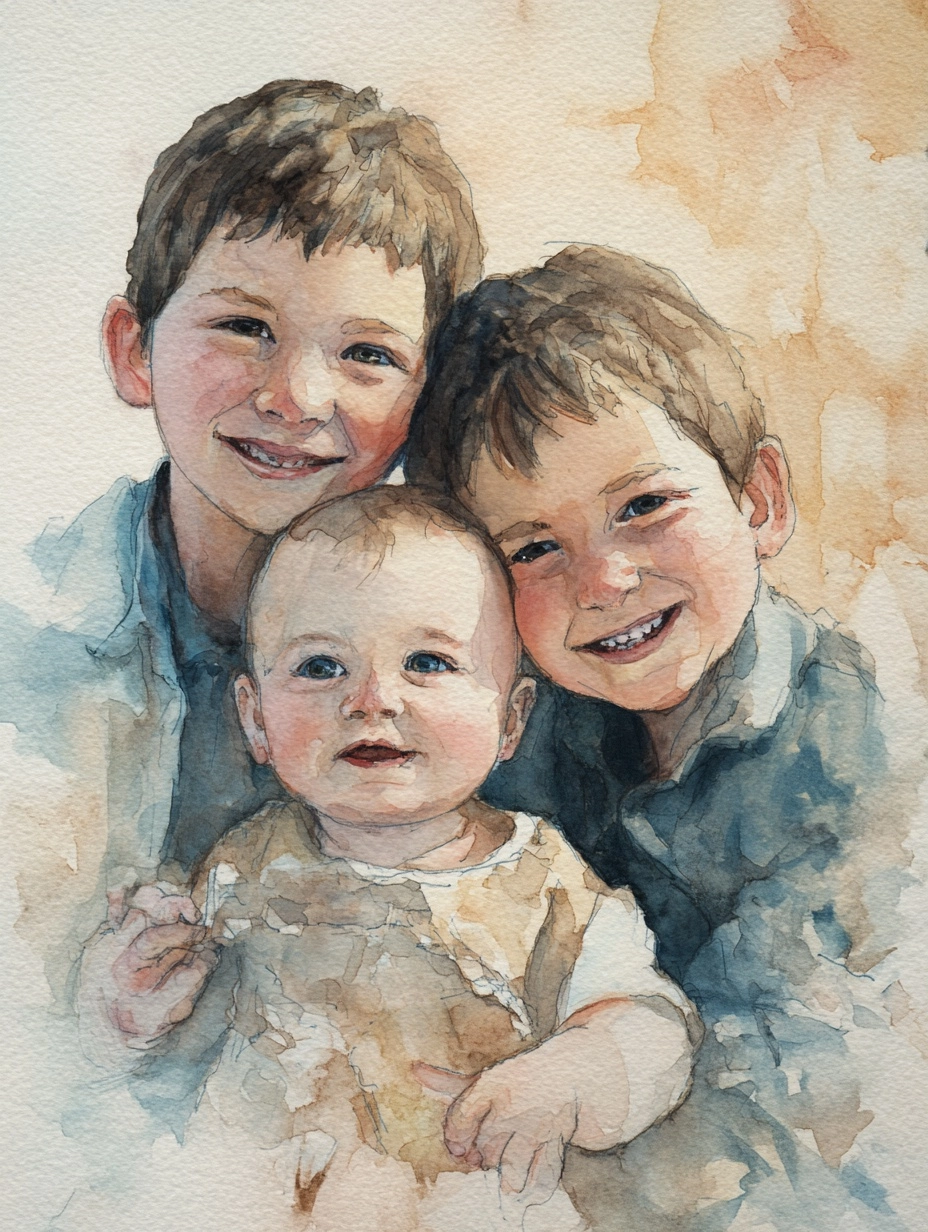 Two boys, one baby girl. they are happy, water color style.
