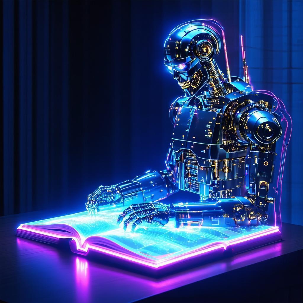 Neon Terminator Emerging From a Holographic Book