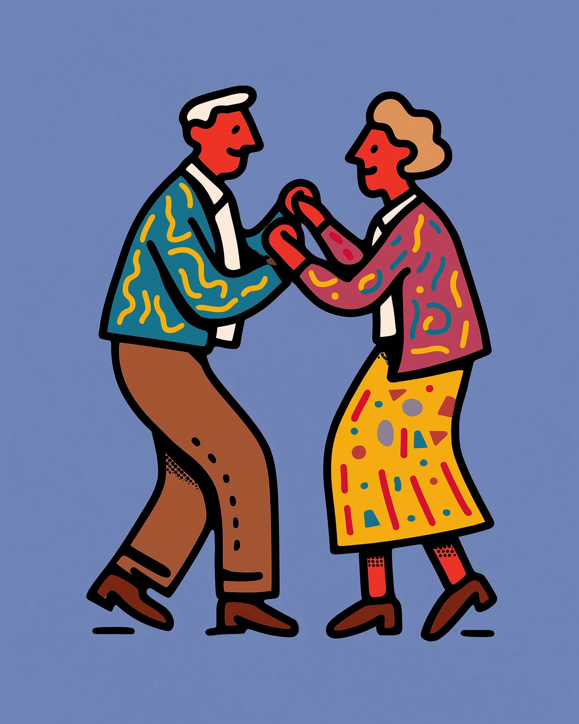Elderly couples dancing in a line, keith haring art style
