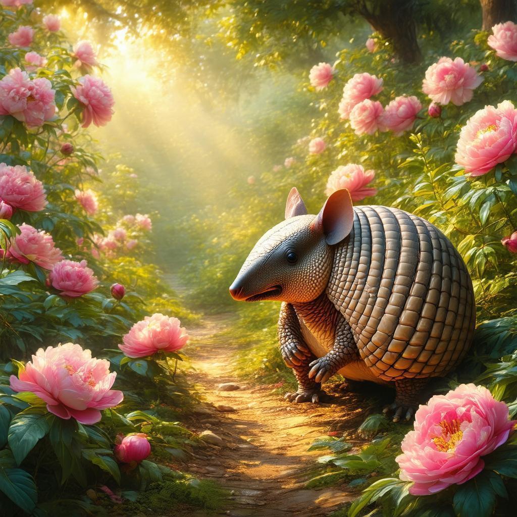 Armadillo Wandering a Golden Peony Garden